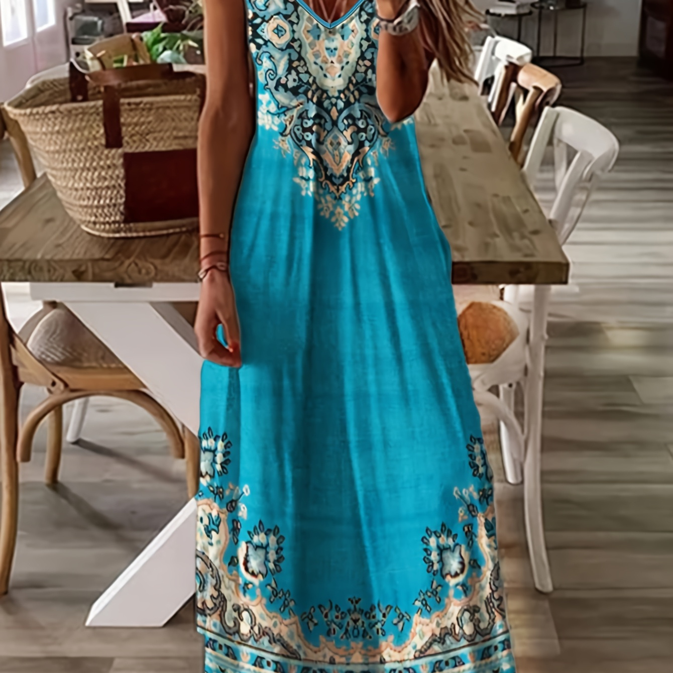 

[holiday ] -chic Lightweight Maxi Dress With Thin Straps - Vibrant Floral & Paisley Print, Spring/summer/fall Vacations, Polyester , Sizes A-e