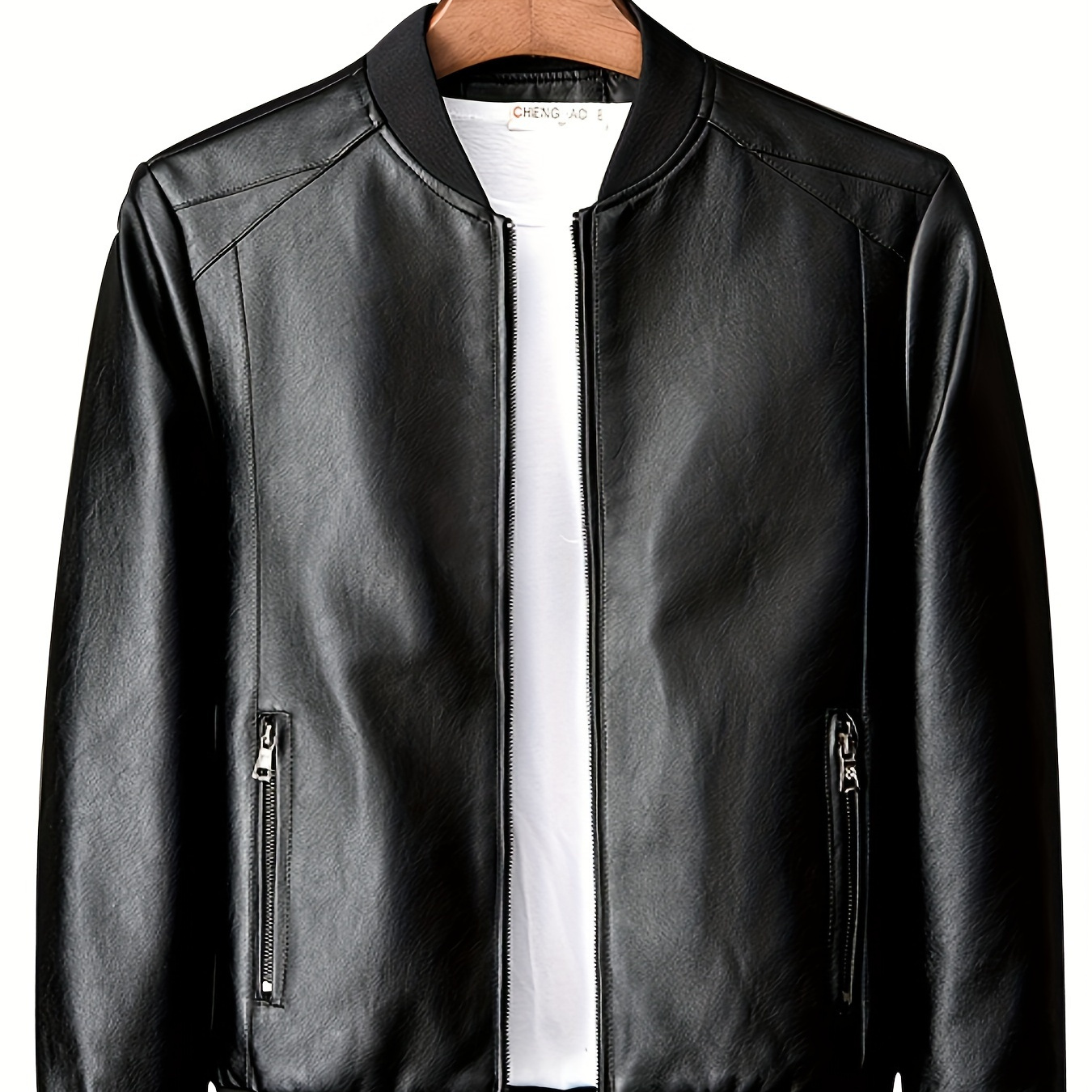 

Men's Casual Black Leather Jacket, Pu Material, Street Style, Smoke Collar, Solid Color, Zipper Detail, Regular Fit, Woven Fabric