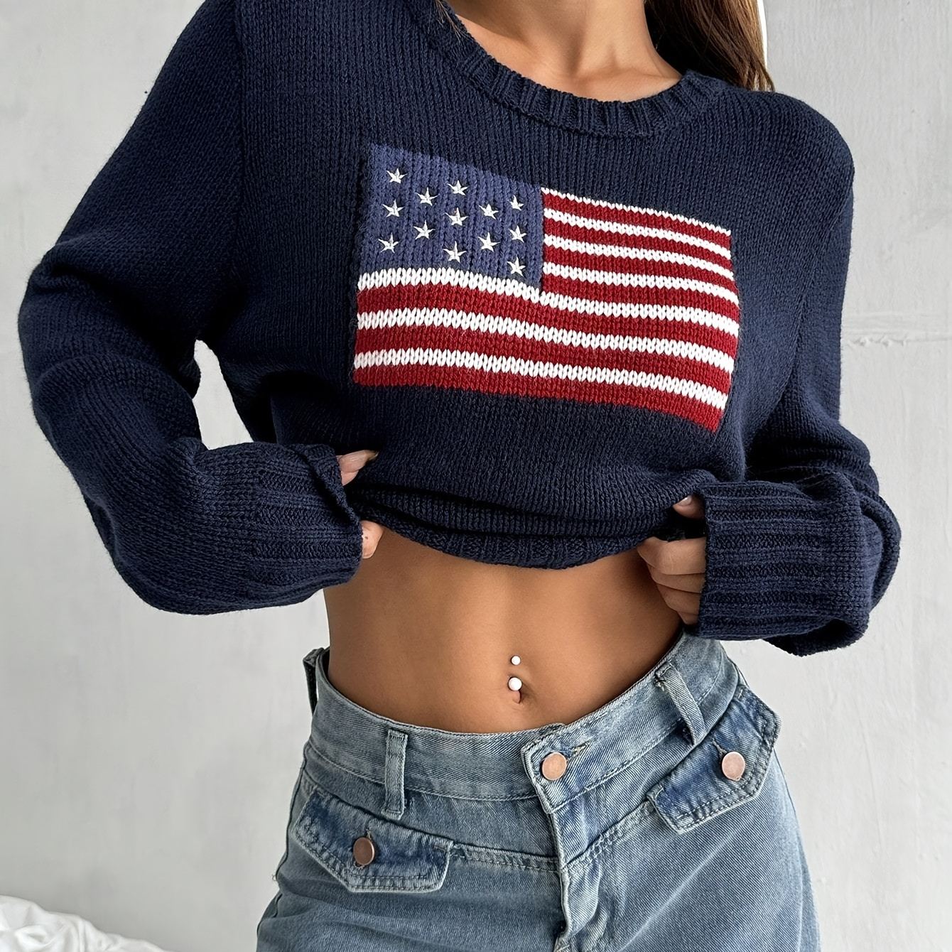 

Patriotic American Flag Crew Neck Sweater - Casual Long Sleeve, 100% Polyester, Soft Knit Pullover For Women - Non-transparent With Geometric Pattern, All