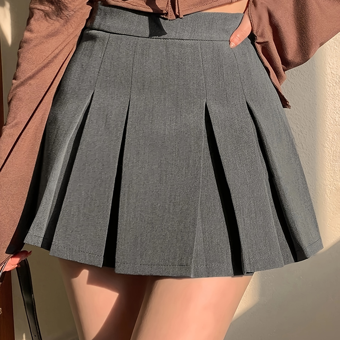 

Solid Color High Waist Pleated Skirt, Preppy A- Skirt For Summer & Spring, Women's Clothing