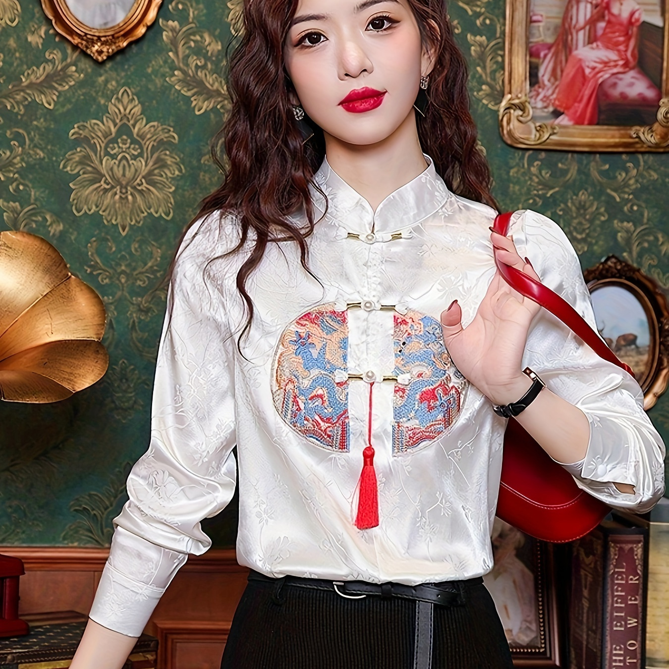 

Vintage-inspired Embroidered Jacquard Blouse For Women - Long Sleeve, Stand Collar, Chiffon Top With Traditional Chinese Buttons - Spring & Fall