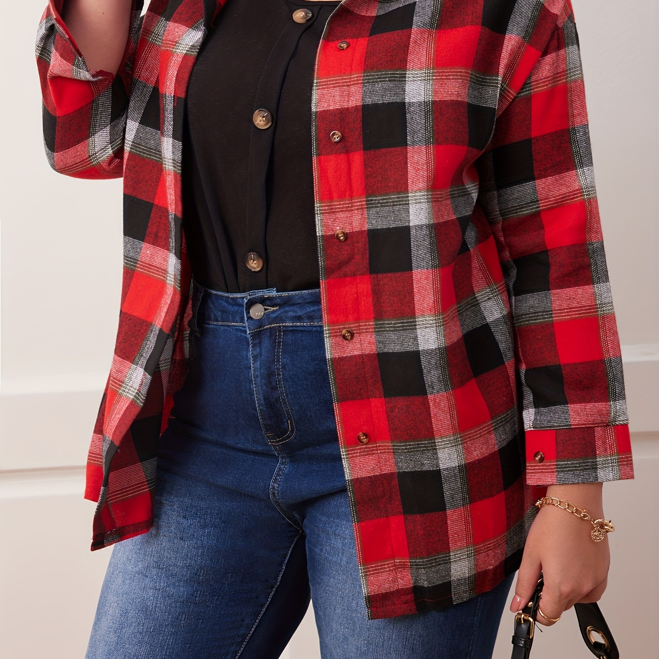 

Plus Size Casual Blouse, Women's Plus Plaid Print Button Up Sleeve Hoodie Shirt Coat