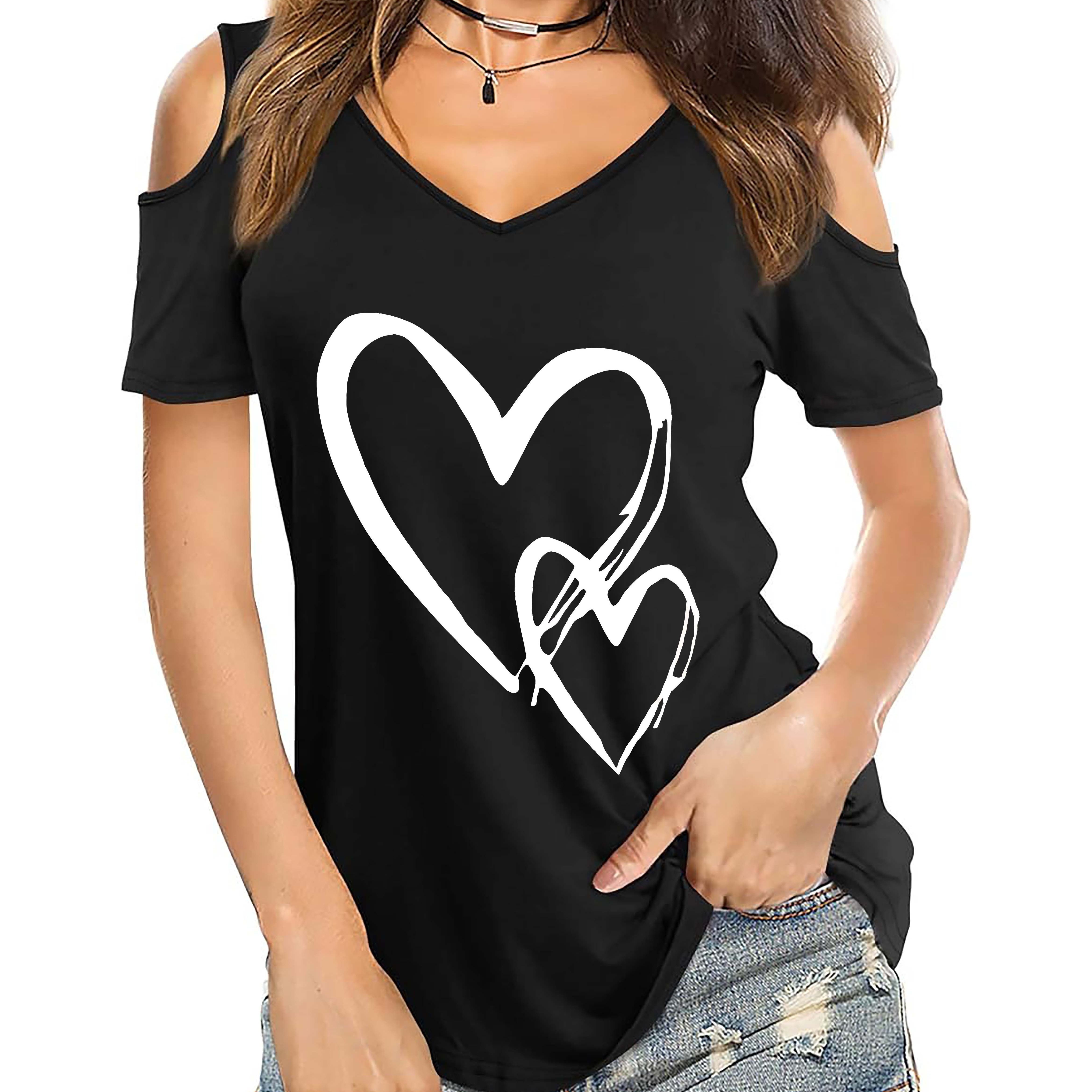 

Hearts Graphic Print Cold Shoulder T-shirt, Short Sleeve V Neck Casual Top For Summer & Spring, Women's Clothing