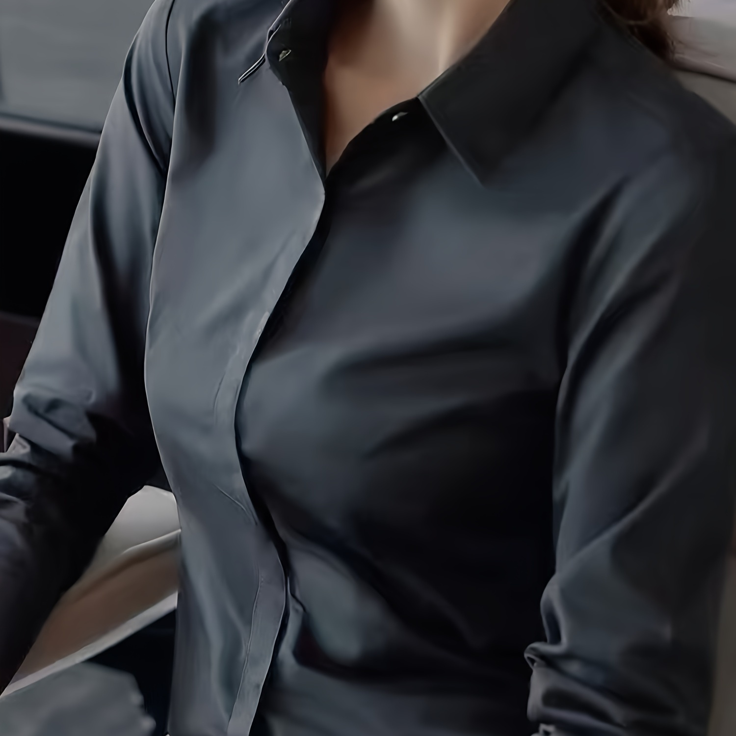 

Elegant Black Long-sleeve Dress Shirt For Women - Professional Formal Wear, Polyester, Non-sheer, Office & Interviews, Japan-korea Style, Spring/summer/autumn