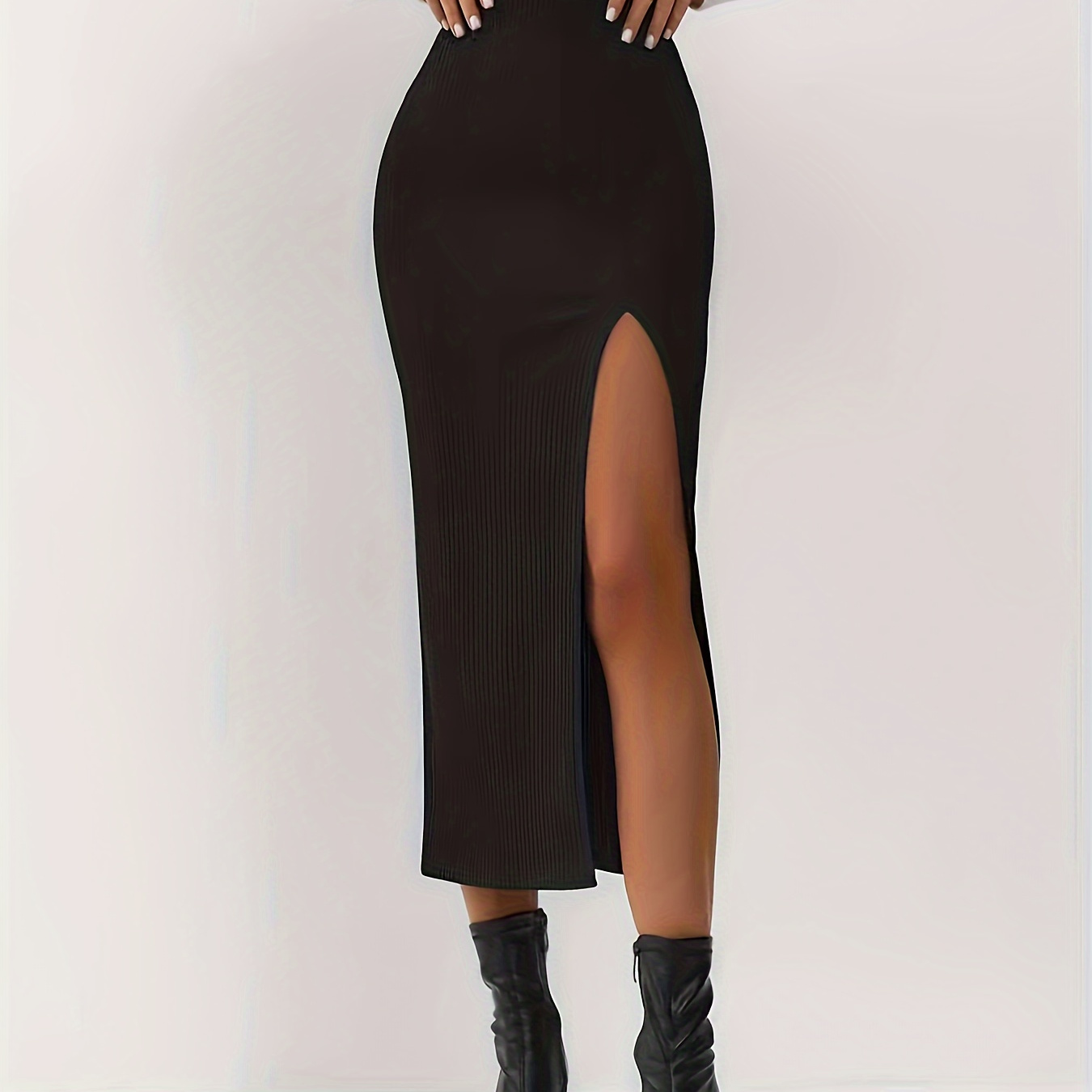 

Slit Solid Bodycon Skirt, Elegant High Waist Midi Skirt, Women's Clothing