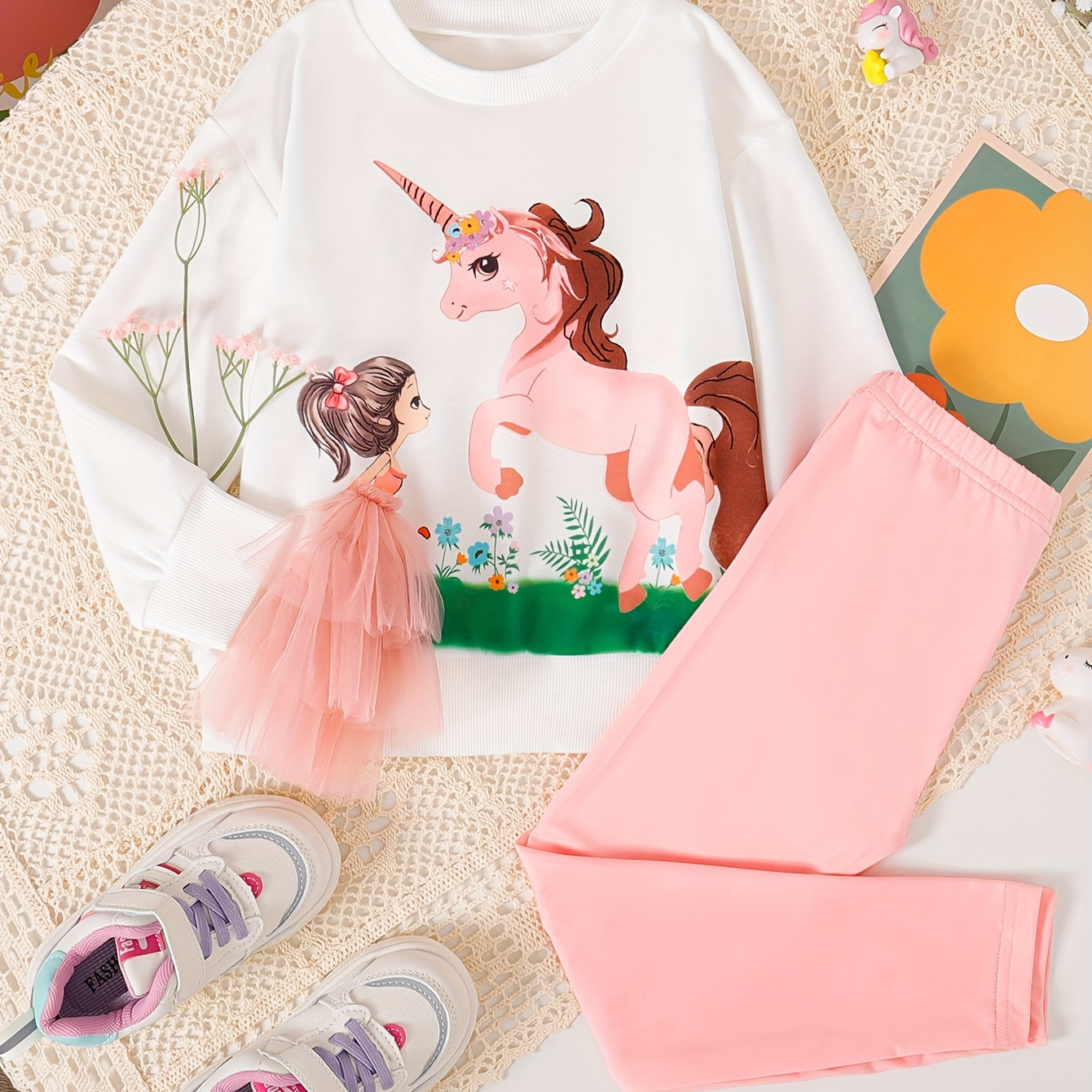 

Pony Pattern 2pcs/set Long Sleeve Sweatshirt Top + Pants Set, 's / Fall Outfit, Clothing