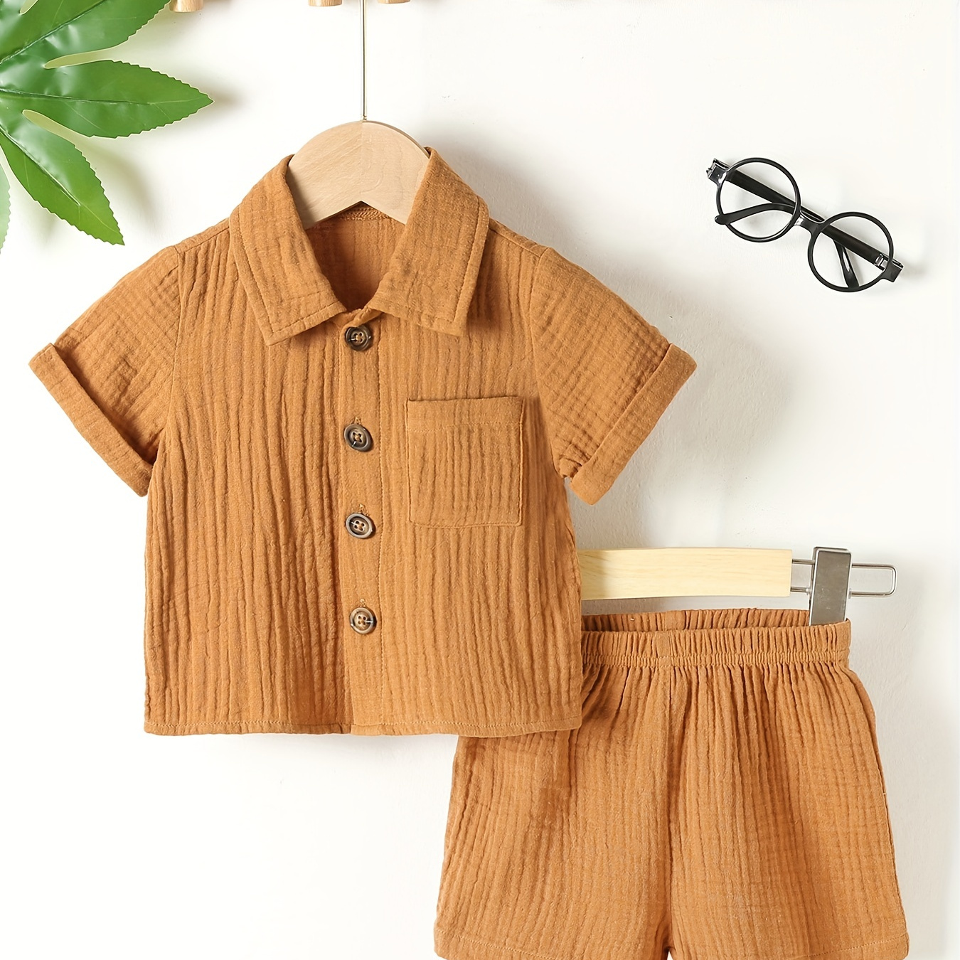 Baby's Comfy Casual Outfit - Short Sleeve Botton Down Top  & Shorts Set