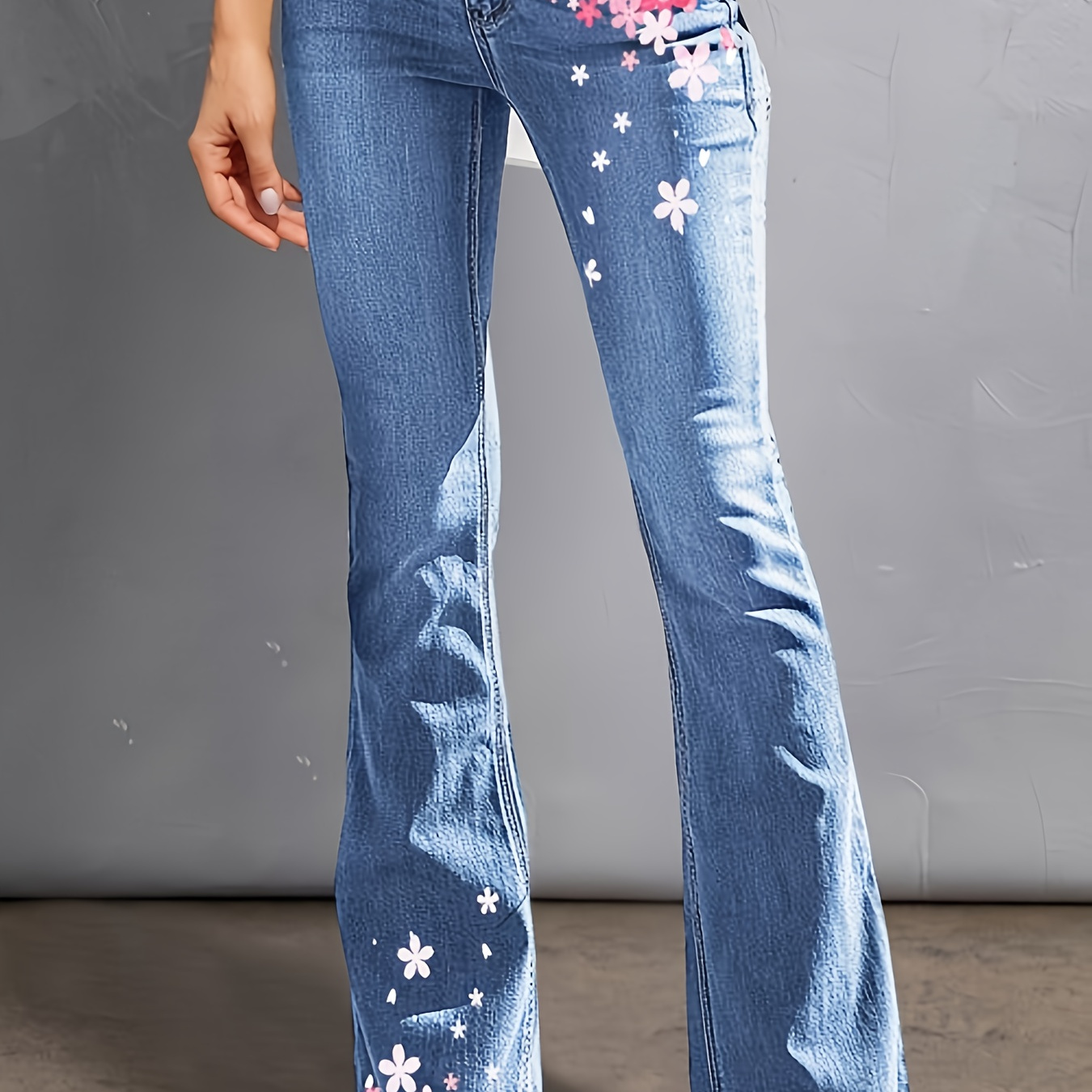 

Women's Casual Jeans, Plus Size Floral Print Button Fly High Rise High Stretch Bootcut Jeans