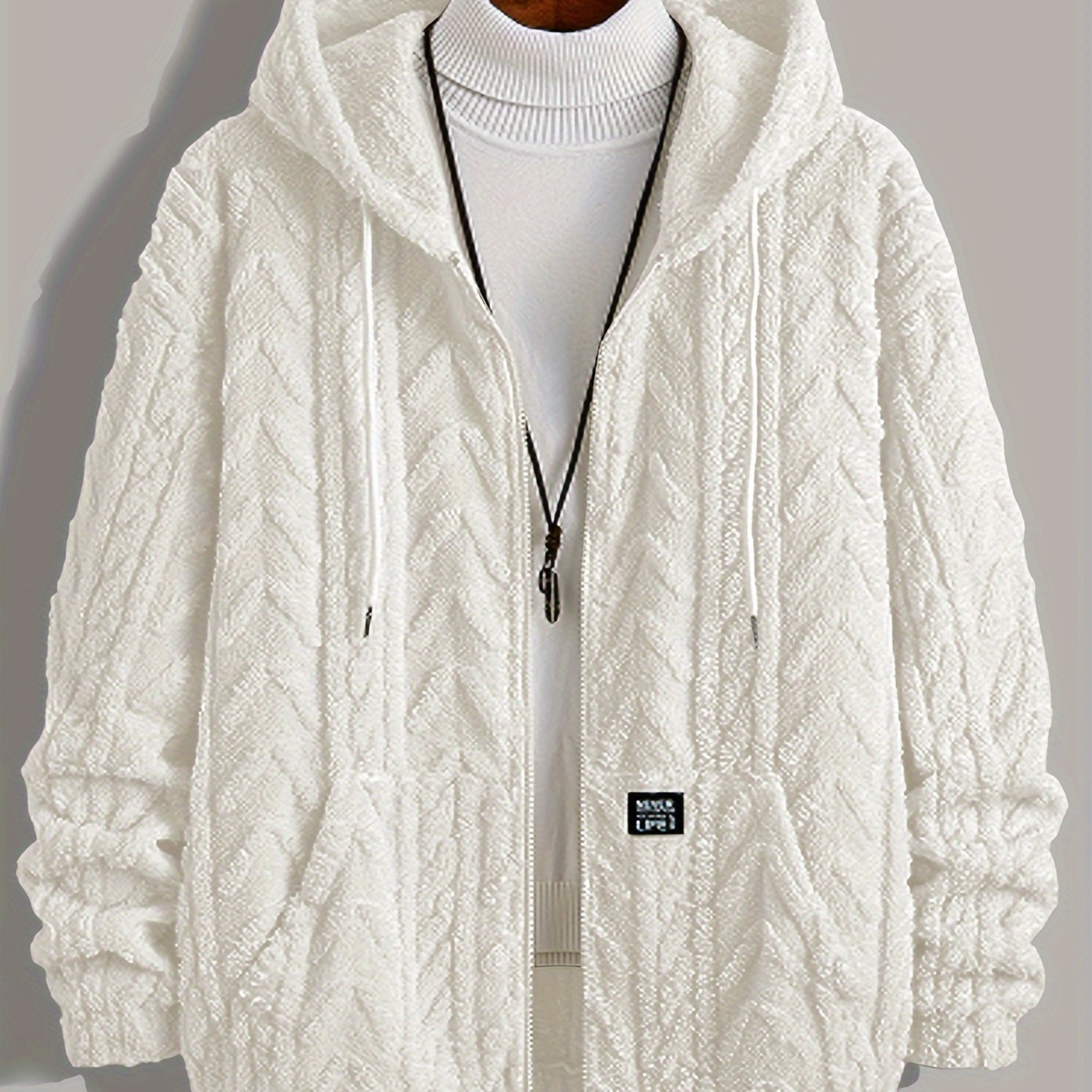 

Men's Casual Full-zip Jacquard Hooded Sweater, Winter Warm Knitted Polyester Hoodie, Solid Color, Loose Fit