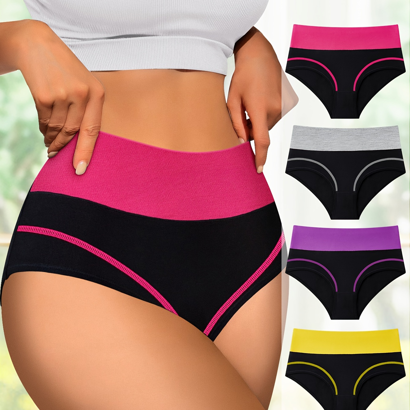 

4pcs High Waist Tummy Control Women's Panties Fashion Contrast Color Comfortable Fit Briefs