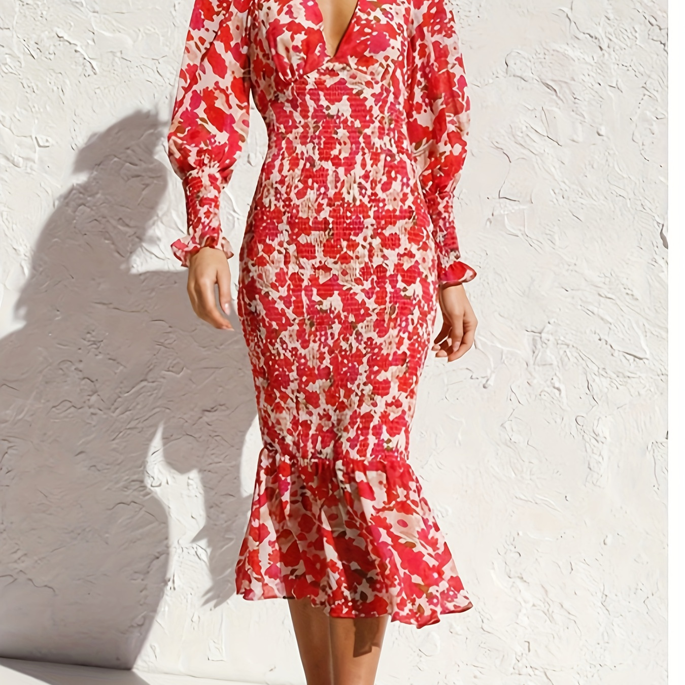 

Robe Sirène Élégante à Col en V et Manches Lanterne - Polyester, Lavable en Machine - Parfaite pour /Été/Automne