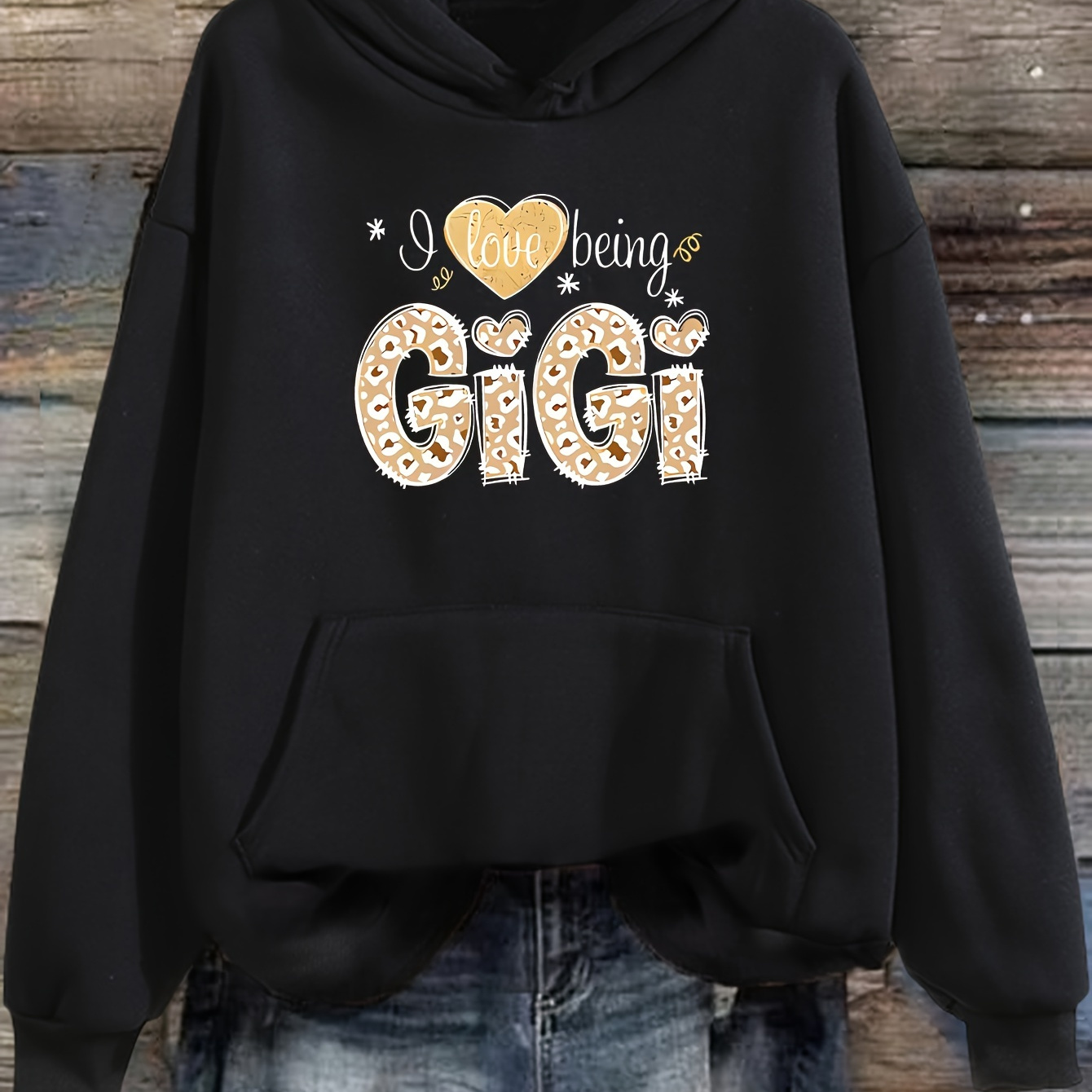 

Plus Size Gigi Print Kangaroo Pocket Hoodie, Casual Long Sleeve Drawstring Hoodies Sweatshirt For Spring & Fall, Women's Plus Size Clothing