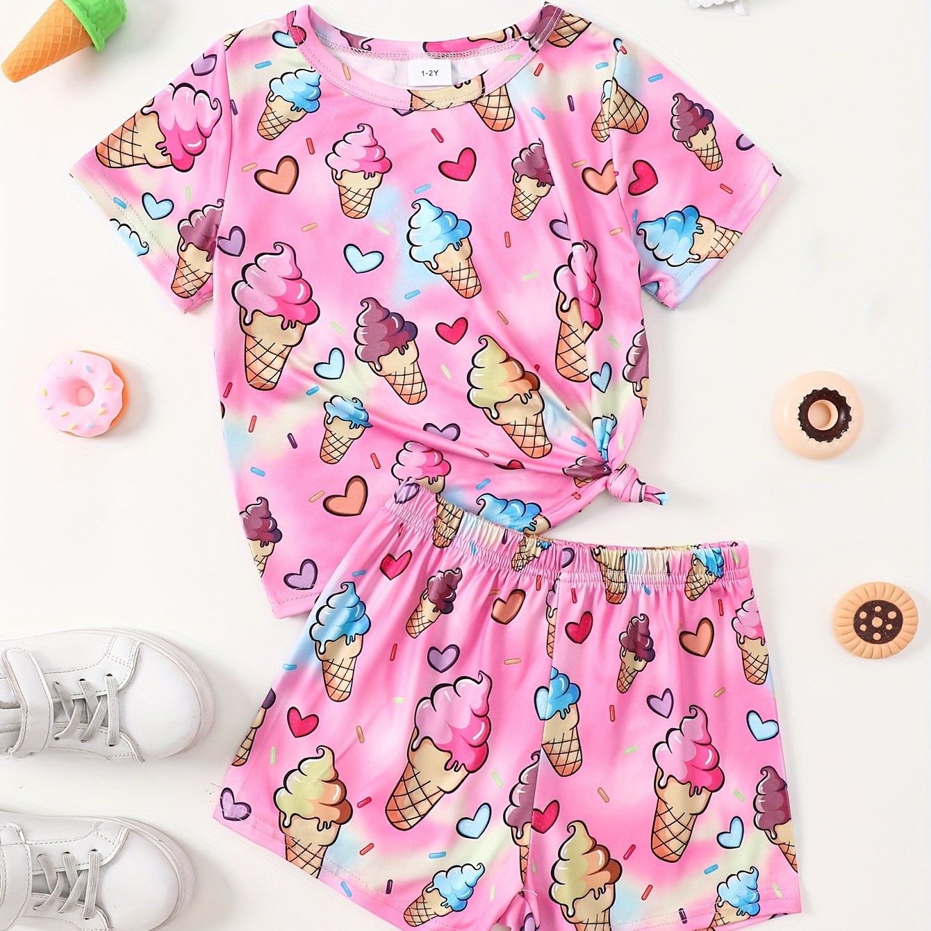 

2-piece Girls Ice Cream Print Short Sleeve Top & Shorts Set, Cute Summer Casual Outfit, Kids Playwear Clothes