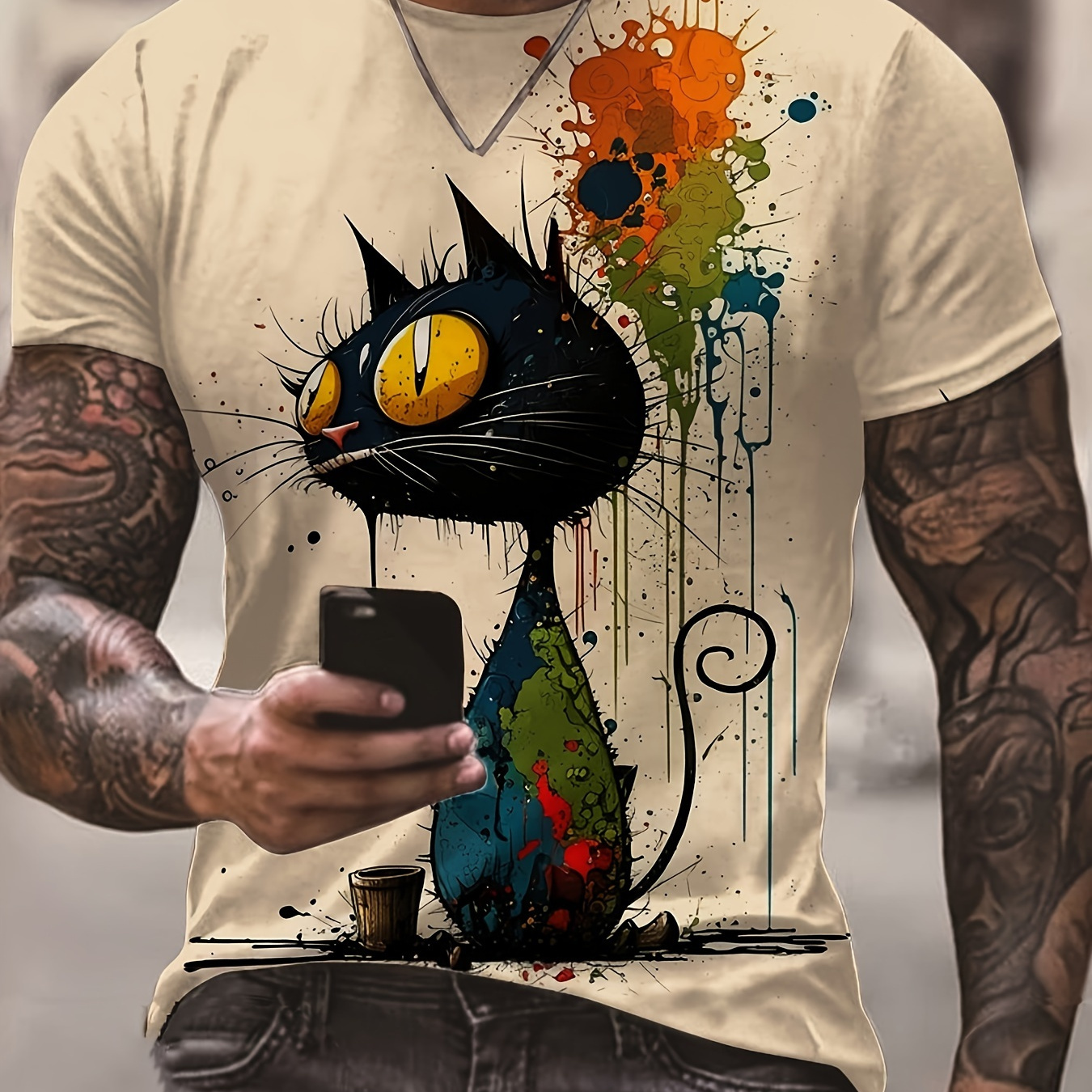 

Men's Animation Cat Graffiti Pattern And Paint Mark Print Crew Neck And Short Sleeve T-shirt, Casual And Stylish Tops Suitable For Summer Leisurewear, Tops As Gifts
