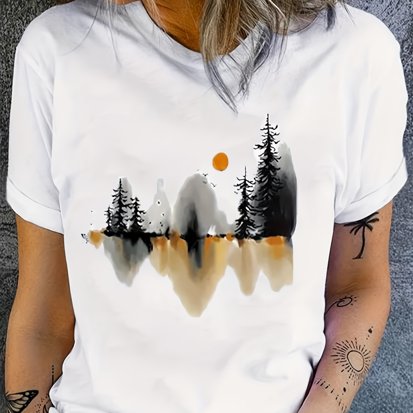 

Landscape Ink Print T-shirt, Casual Crew Neck Short Sleeve T-shirt, Women's Clothing