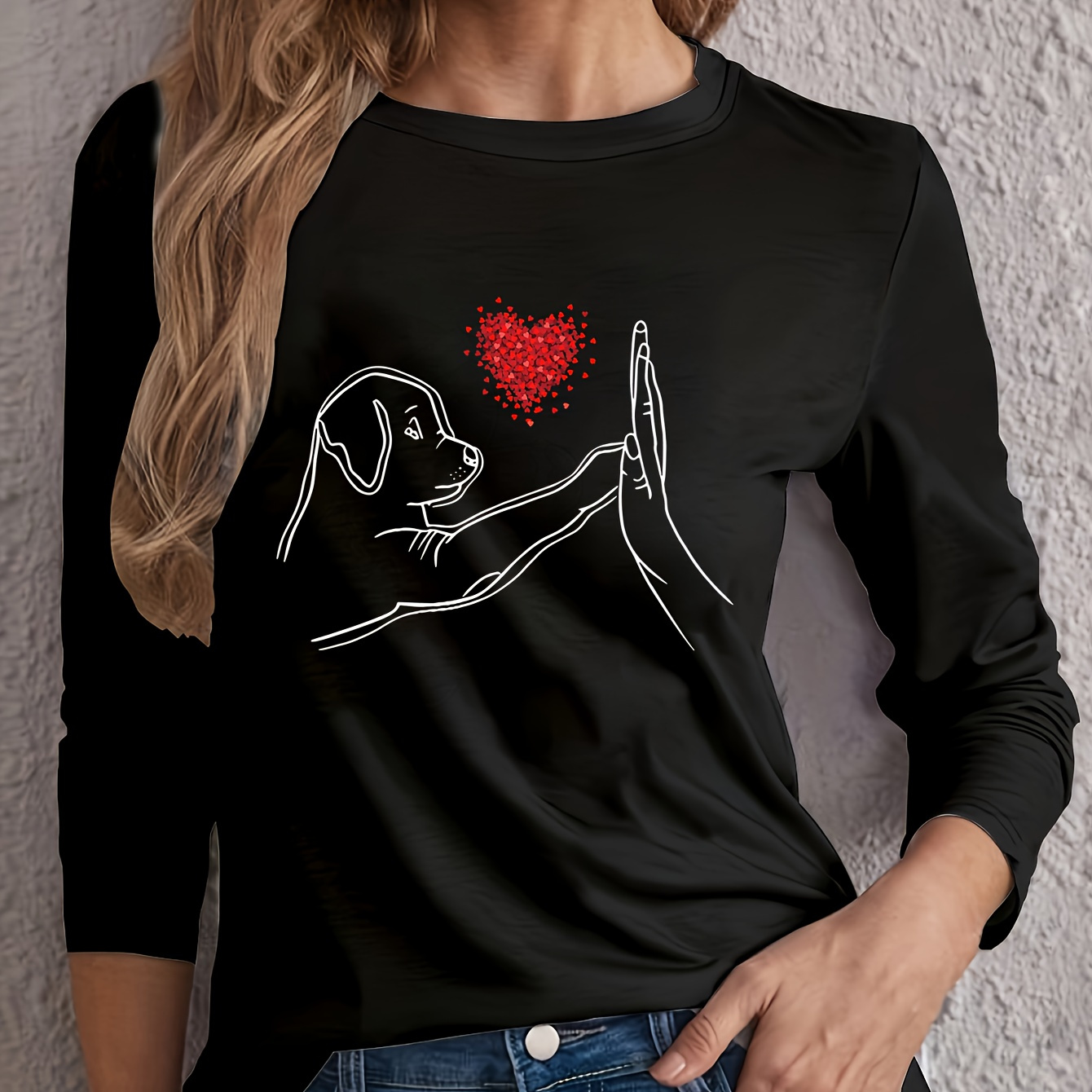 

Dog Print T-shirt, Long Sleeve Crew Neck Casual Top For Spring & Fall, Women's Clothing