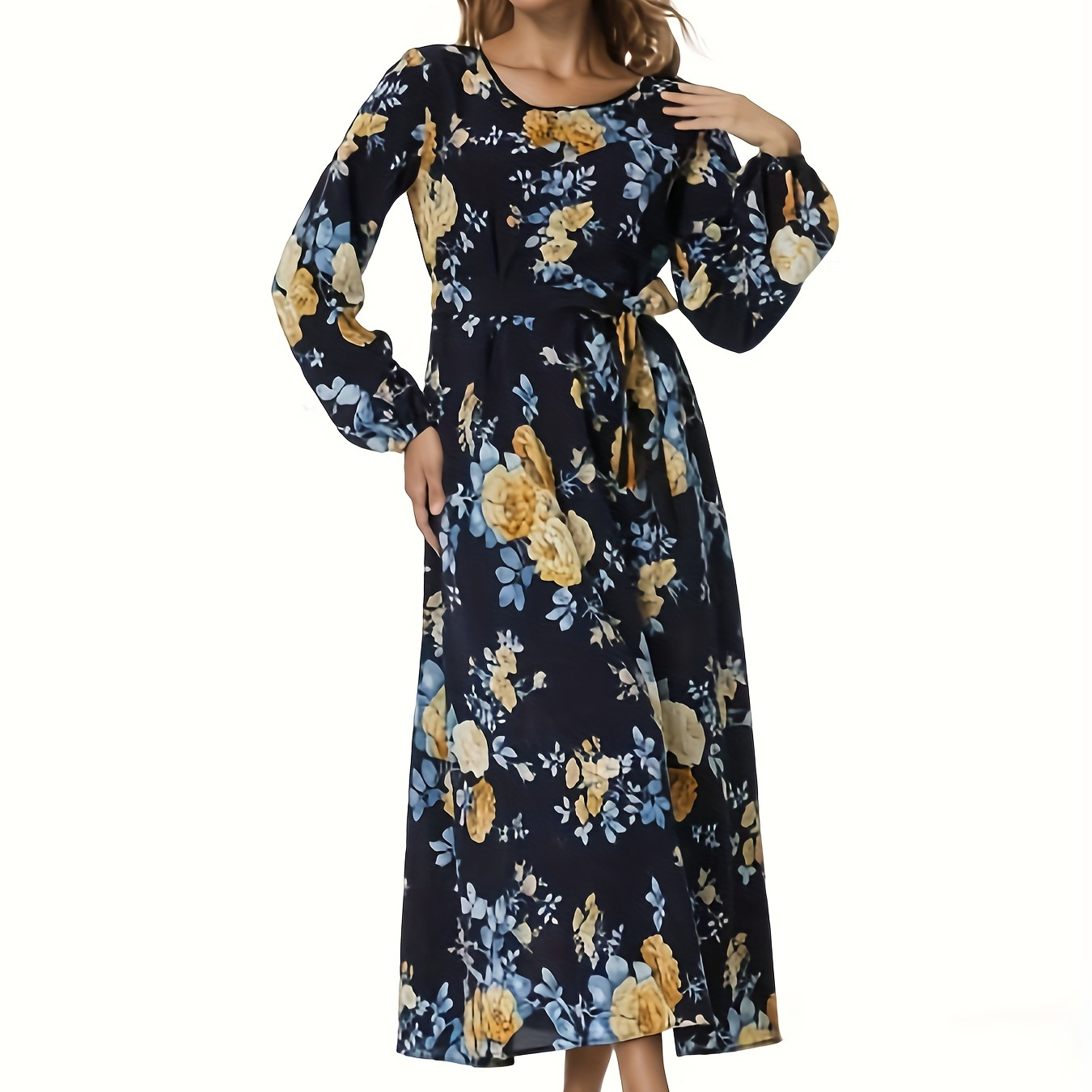 

Vintage Floral Print Dress, Elegant Crew Neck Lantern Sleeve Dress, Women's Clothing