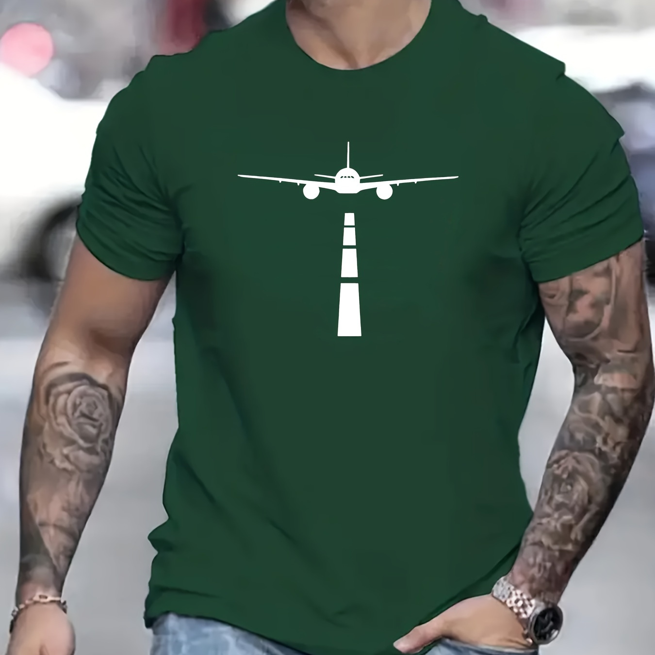 

Airport Print Crew Neck T-shirt For Men, Casual Short Sleeve Top, Men's Clothing