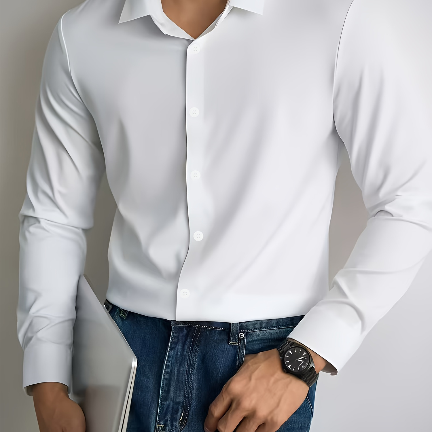 

Men' Color White Long Sleeve Shirt - Casual Collared, Polyester, All