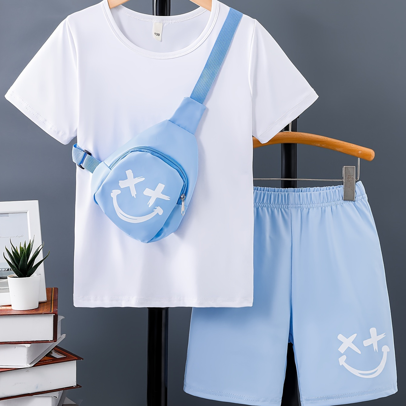 

2pcs Boys Casual Short Sleeve T-shirt & Cute Smile Face Print Shorts & Bag Set, Comfy Summer Boys Clothes