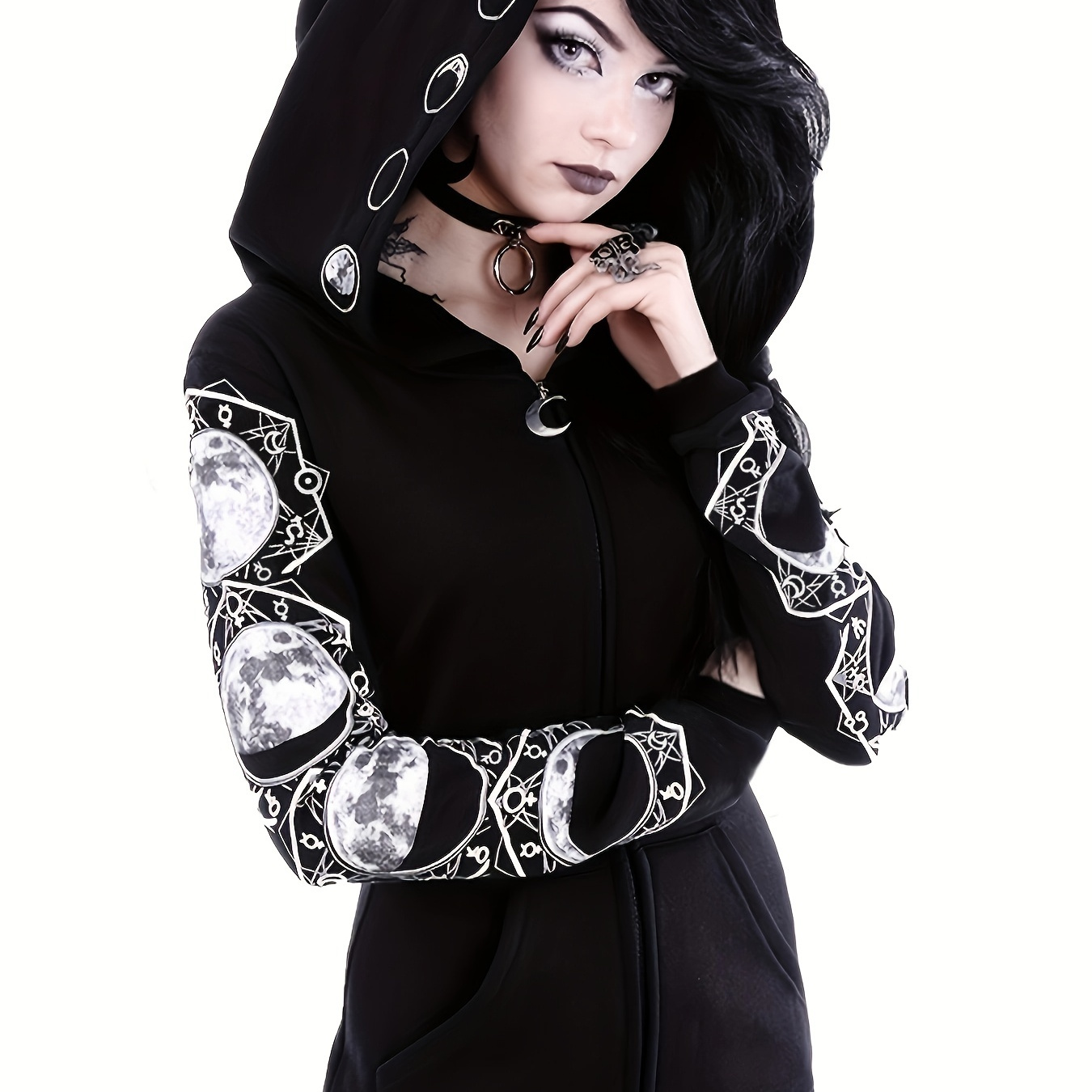 

Black & White Moon Hoodie, Large Hooded Zip Up Front Pocket Sweater, Gothic Casual Tops, Women's Clothing