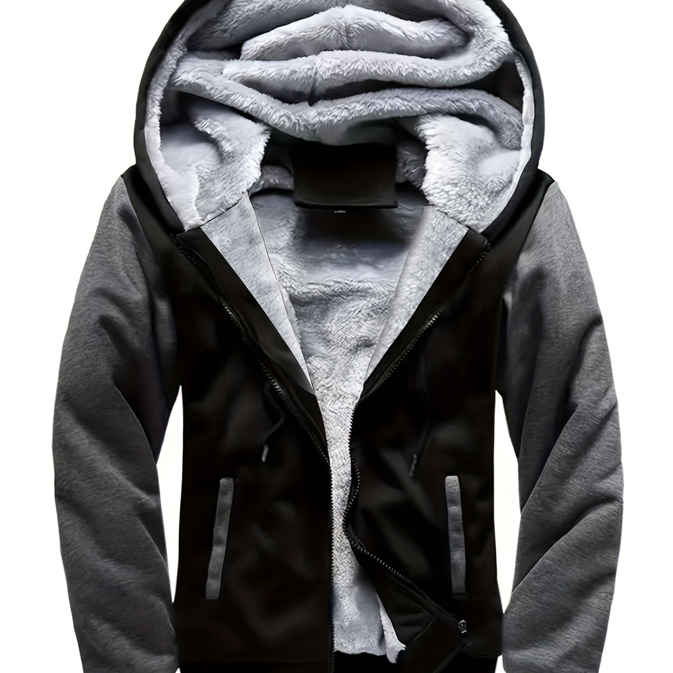 

Warm Fleece Hooded Winter Hooded Jacket, Men's Casual Stretch Zip Up Jacket Coat For Fall Winter