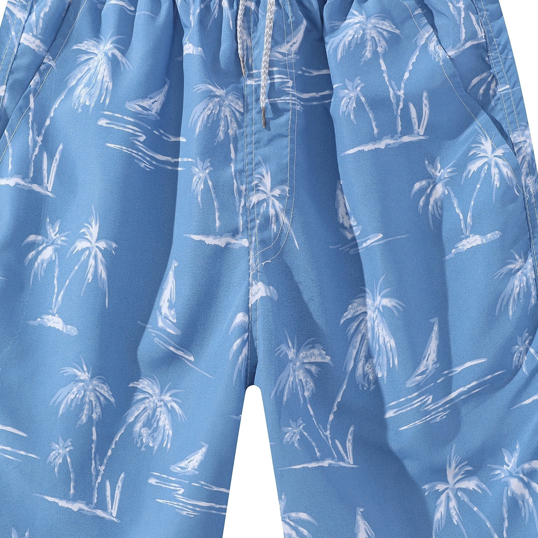 

Coconut Tree And Sailboat Pattern Board Shorts With Drawstring And Pockets, Quick Dry And Comfy Shorts For Men's Summer Beach And Holiday Wear