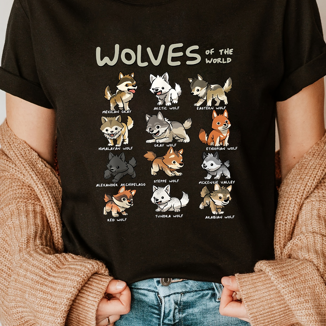 

Wolf Print Crew Neck T-shirt, Short Sleeve Casual Top For Summer & Spring, Women's Clothing