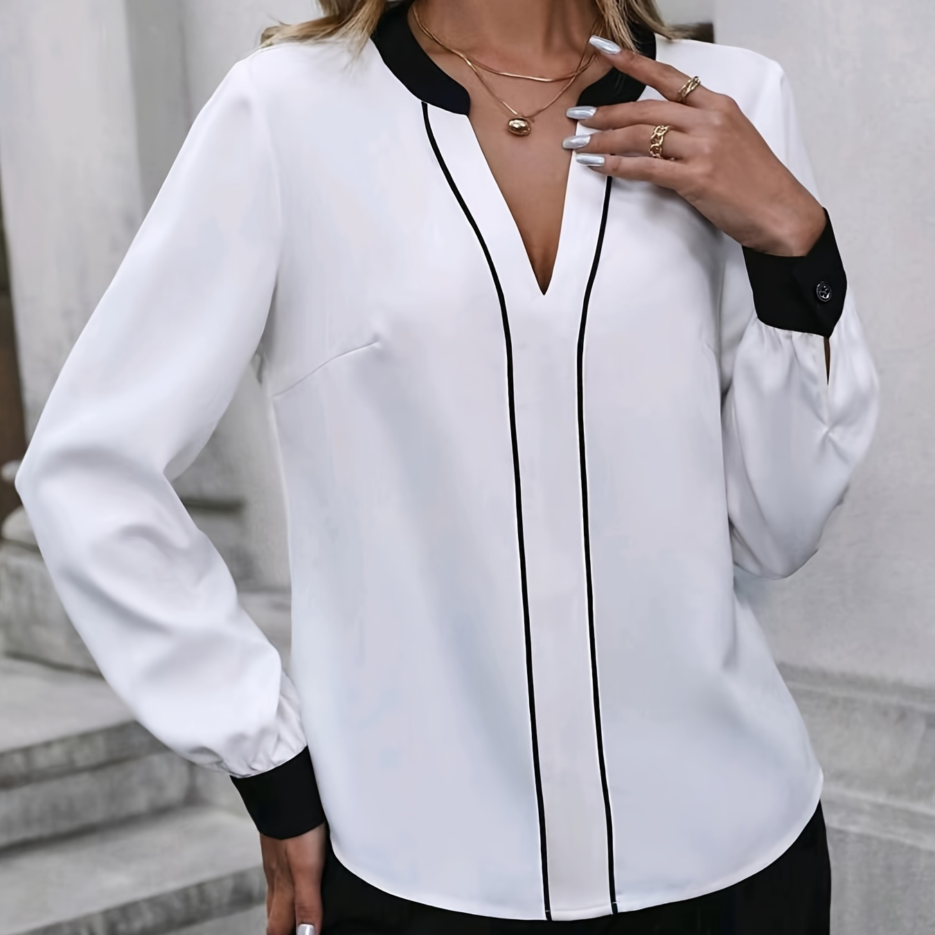 

Elegant Notched Collar Blouse For Women - Polyester & Spandex Blend, Solid Color With Contrast Piping, Long Sleeve, Woven - Versatile For Spring, Summer, Fall