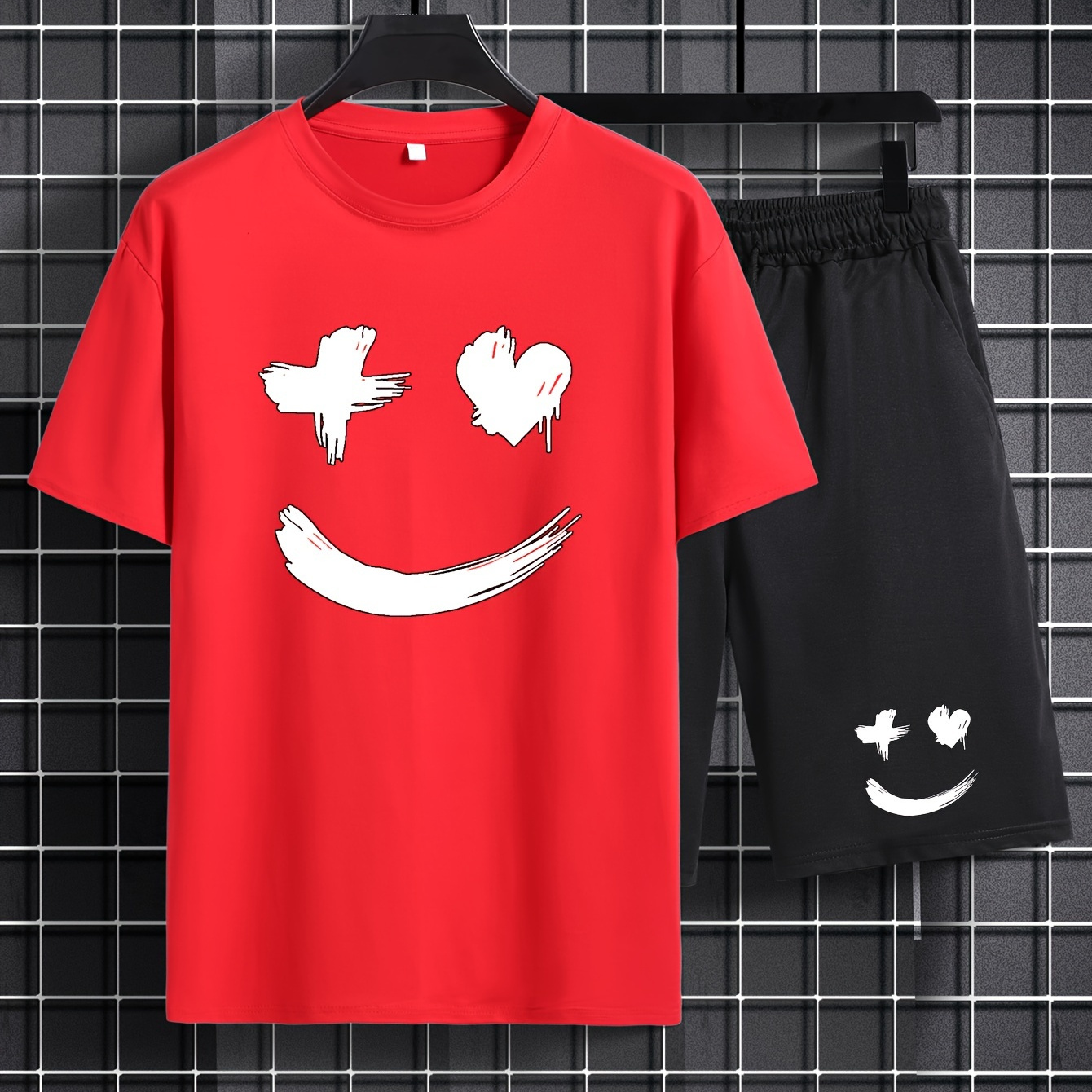 

Plus Size Men's Smile Face Graphic Print T-shirt & Shorts Set For Summer, Casual Fashion 2pcs Outfits For Outdoor