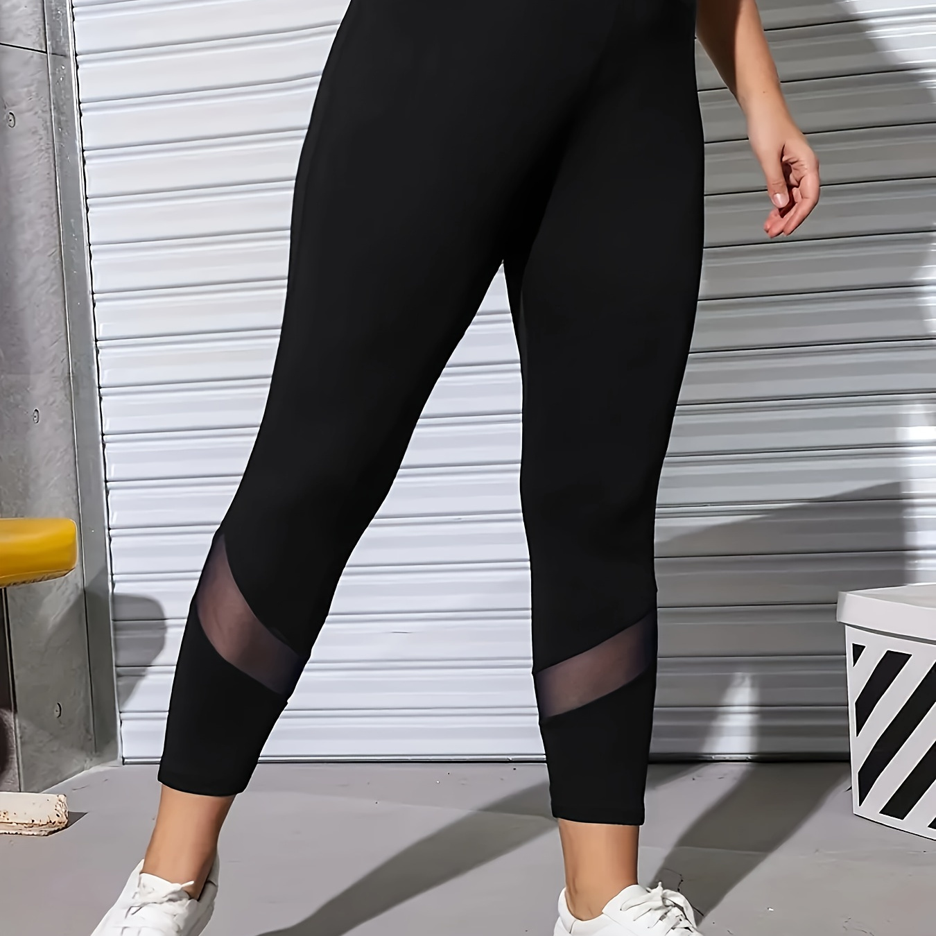 

Plus Size Mesh Stitching Skinny Leggings, Casual High Waist Stretchy Leggings, Women's Plus Size Clothing