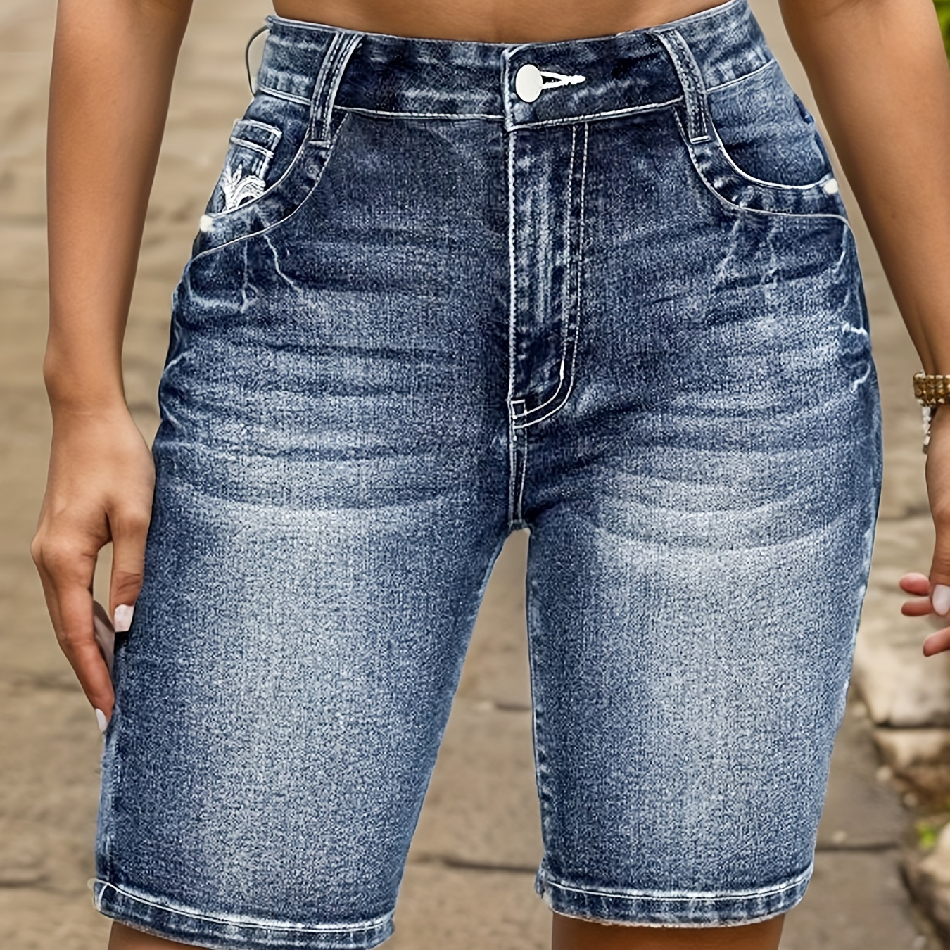 

Embroidered Detail Flap Pocket Retro Style Denim Shorts, Whiskering Washed Slash Pocket Denim Shorts, Women's Denim Jeans & Clothing
