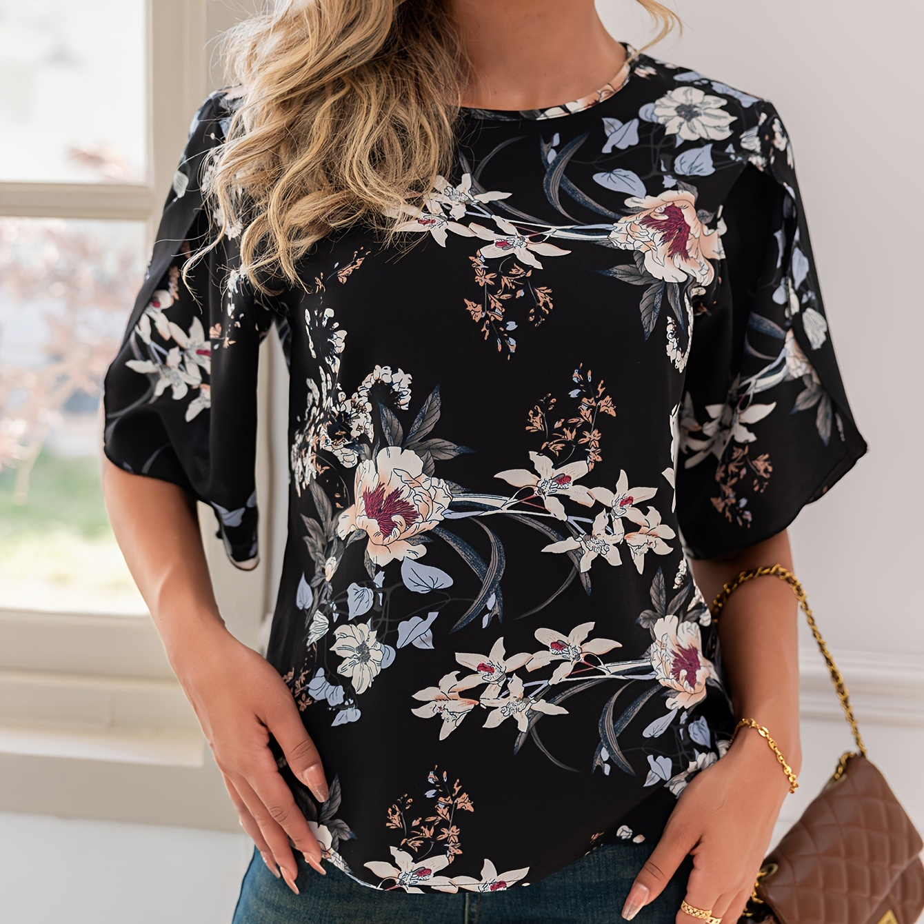 

Floral Print Crew Neck Blouse, Casual Petal Sleeve Blouse For Spring & Summer, Women's Clothing