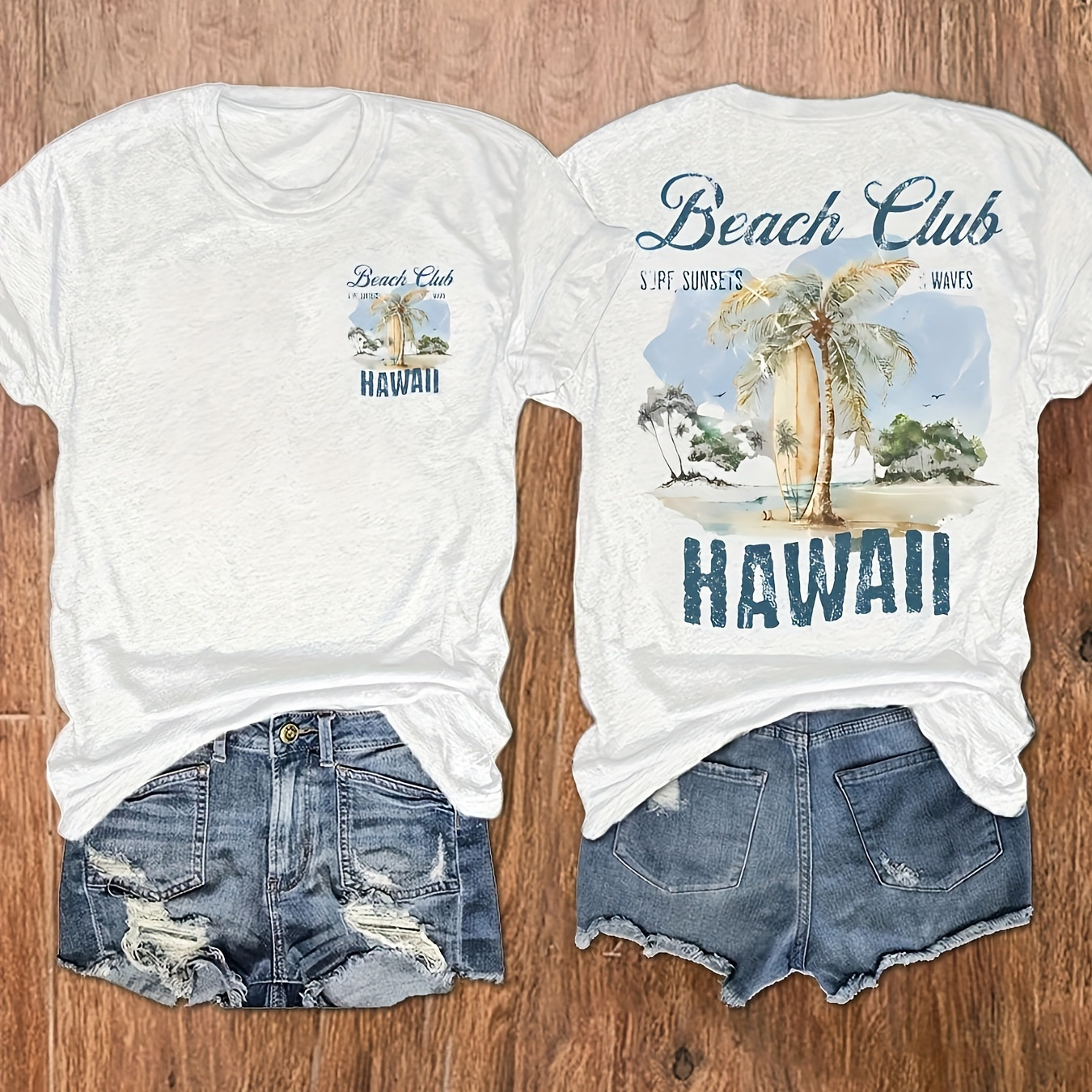 

Hawaii Print Crew Neck T-shirt, Short Sleeve Casual Top For Summer & Spring, Women's Clothing