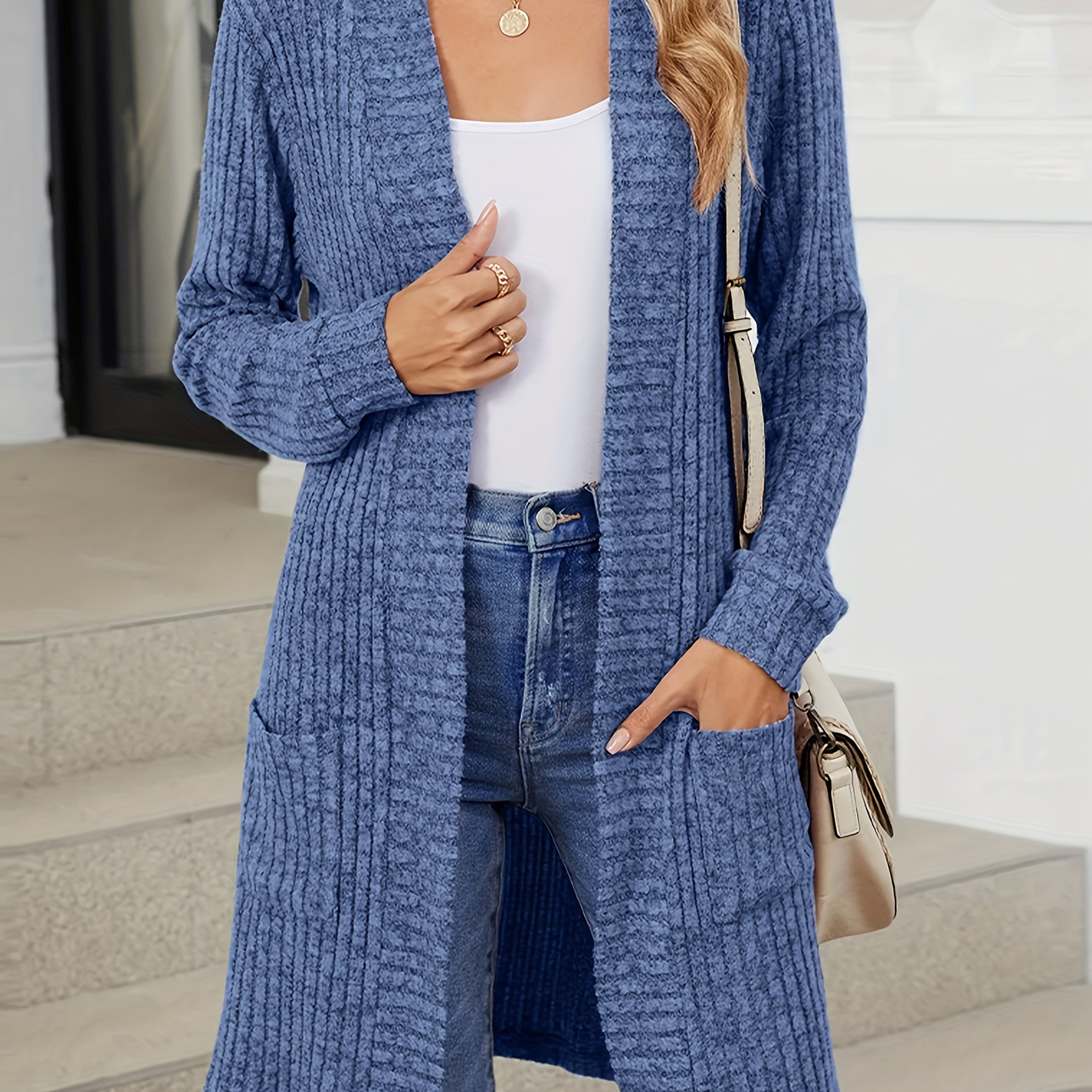 

Cardigan Ouvert Élégant de Couleur Unie avec Poches - Confortable, Lavable en Machine pour Femme - pour /Hiver