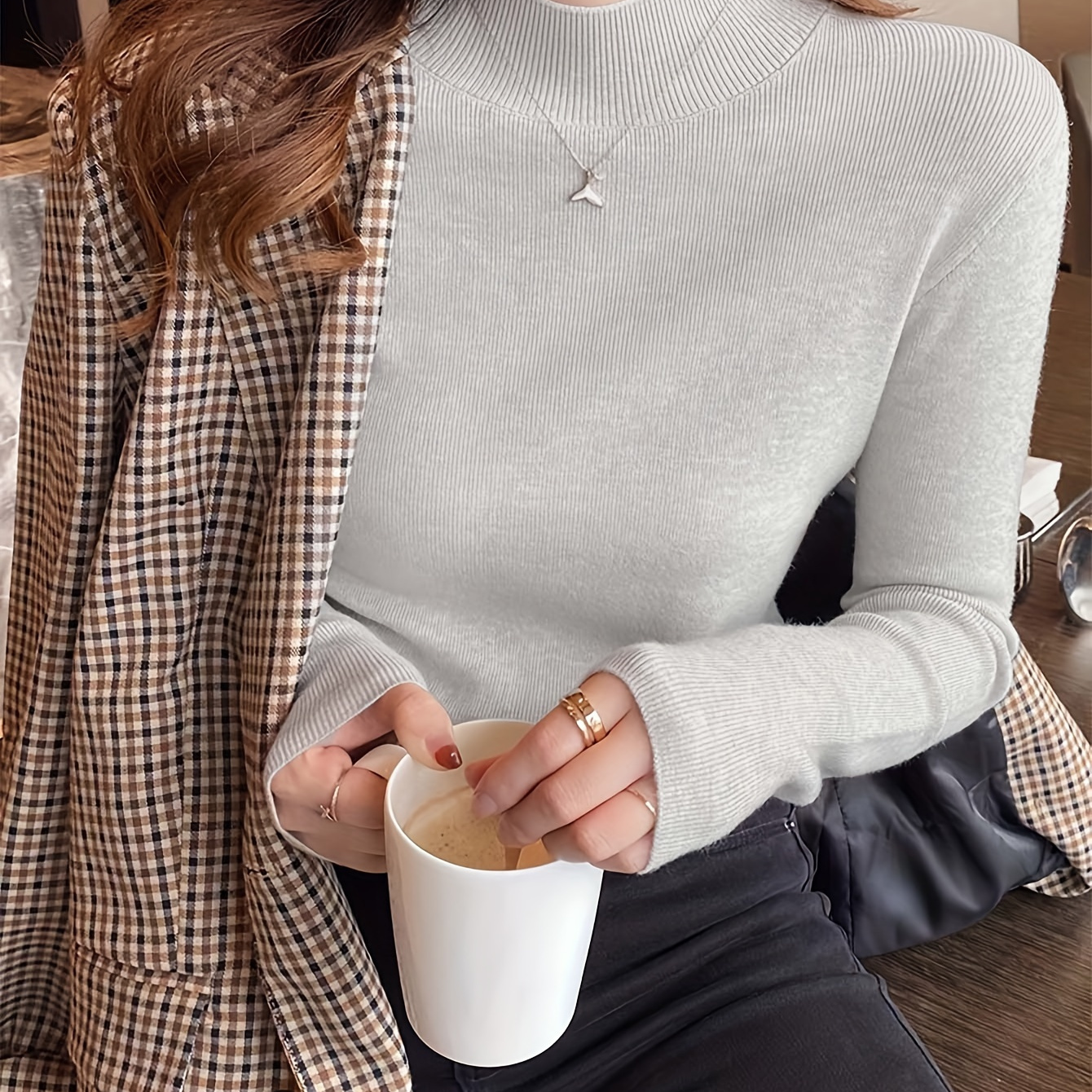 

1pc Women's High Neck Knit Sweater - Polyester Long Sleeve Pullover With Regular Fit, Solid Color, Medium Stretch Fabric For All