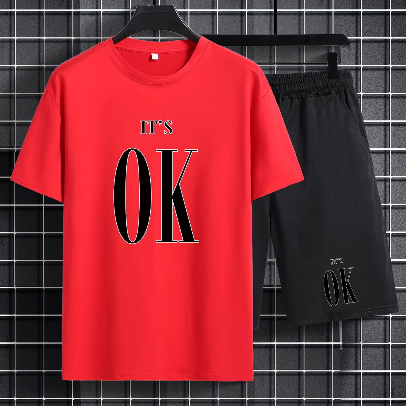 

Plus Size Men's 2pcs Outfits, "it's Ok" Graphic Print T-shirt & Shorts Set For Outdoor Sports