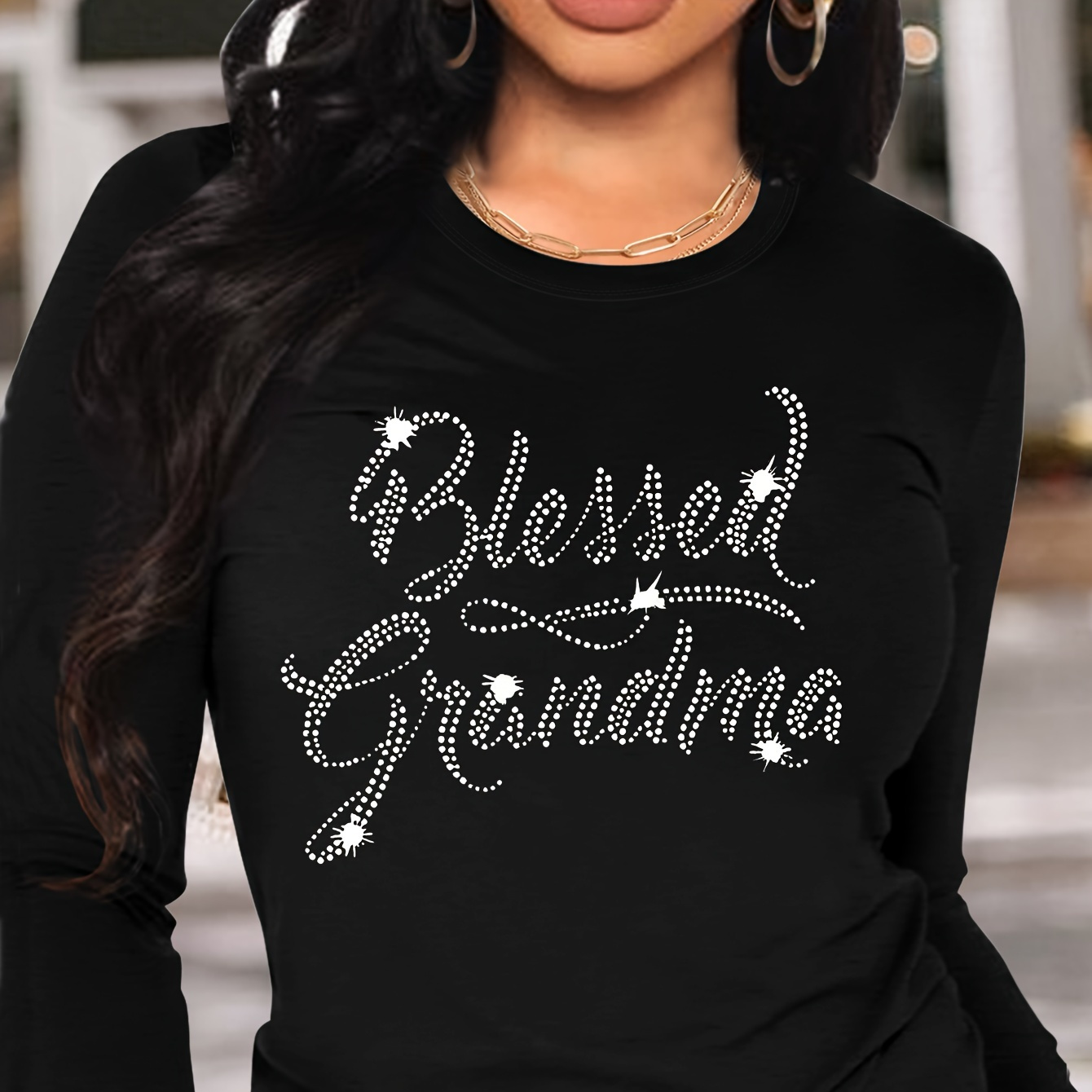 

Women's "blessed Grandma" Long Sleeve T-shirt, Casual Crew Neck Top With Alphabet Applique, 100% Polyester Knit Fabric, Regular Length - All Season