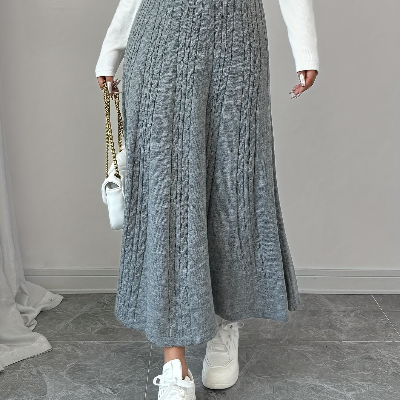 

Women' Knitted Cable Skirt, Zd100805, Elegant Solid Color, Polyester, Regular Length, No Belt, , Knit Fabric