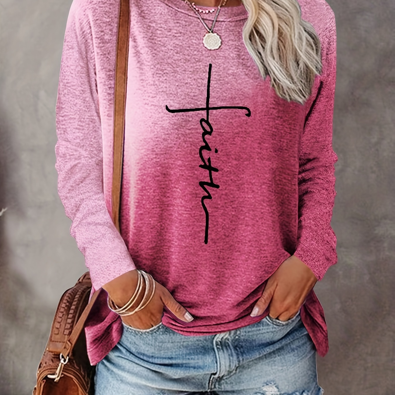 

Faith Print Colorblock Crew Neck T-shirt, Casual Long Sleeve T-shirt For Spring & Fall, Women's Clothing
