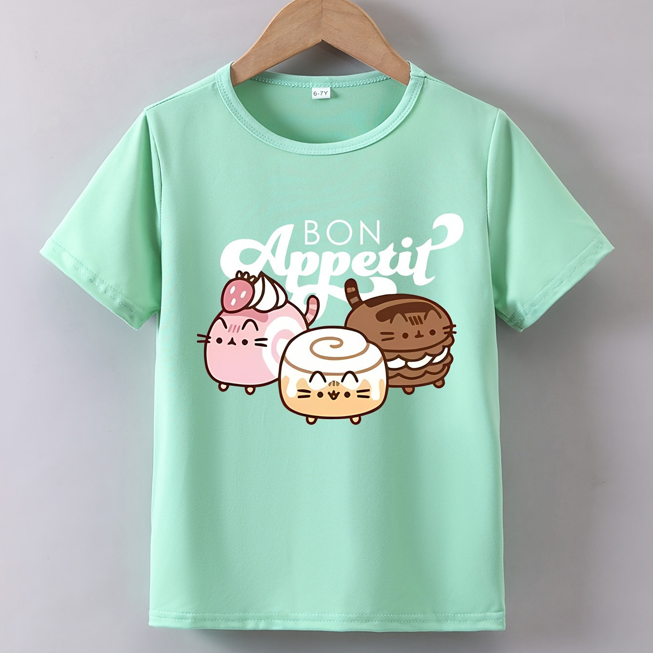 

Cartoon Bread Graphic Print Creative T-shirts, Soft & Elastic Comfy Crew Neck Short Sleeve Tee, Girls' Summer Tops