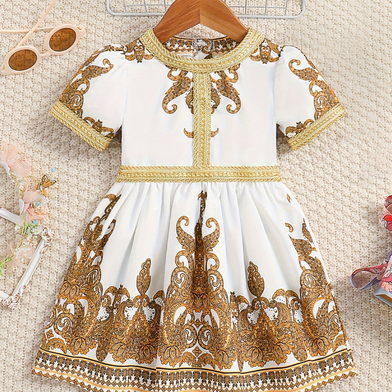 

Baby's Stylish Ethnic Style Dress, Short Sleeve Dress, Infant & Toddler Girl's Clothing For Summer/spring, As Gift
