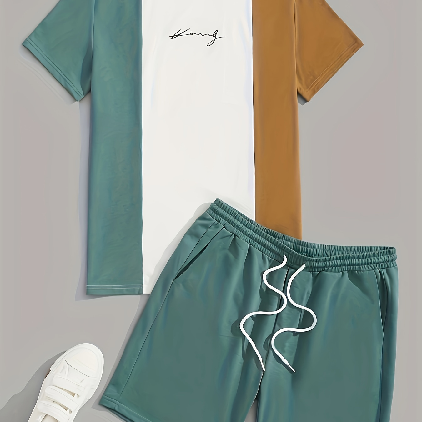 

2-piece Men's Summer Leisurewear Set, Men's Color Block Short Sleeve Crew Neck T-shirt & Solid Drawstring Shorts With Pockets