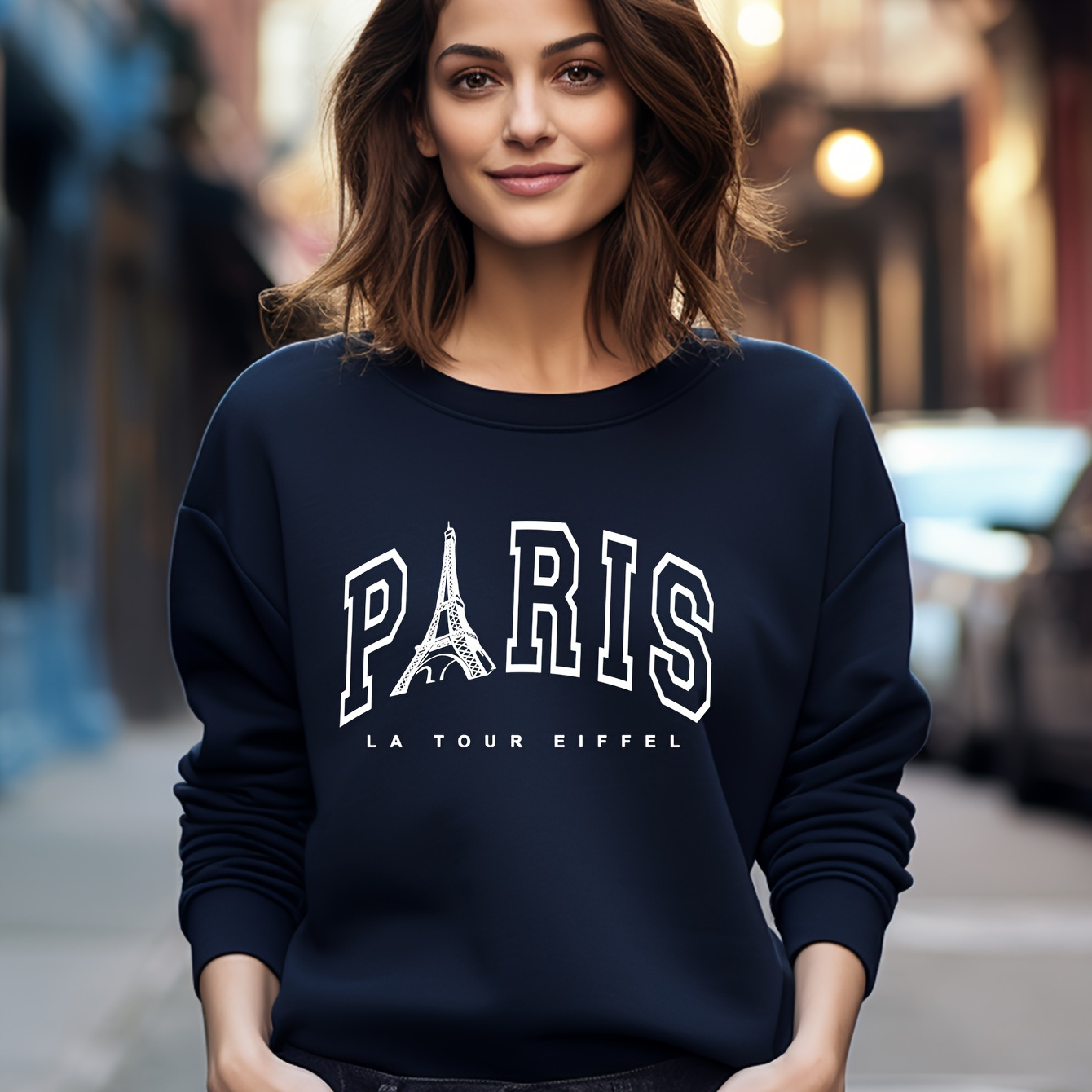 

Paris Letter Print Round Neck Sweatshirt, Versatile Long Sleeve Pullover Sports Sweatshirt, Women's Clothing