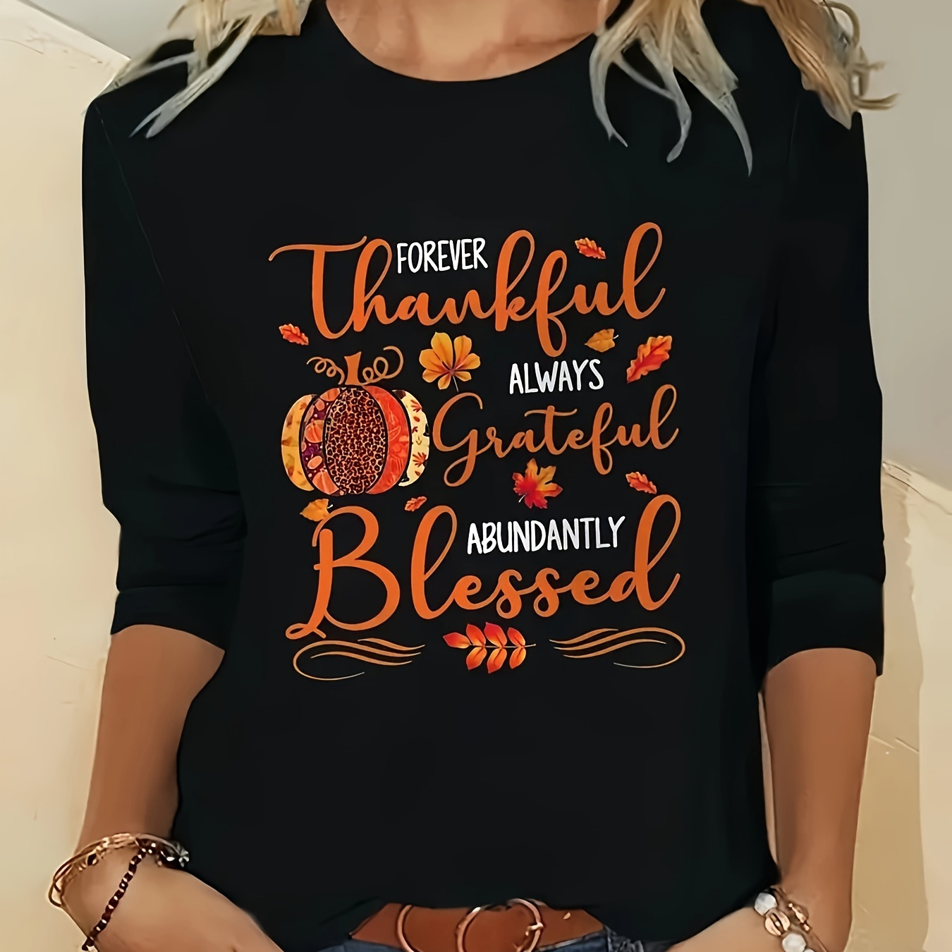 

Plus Size Casual Long Sleeve T-shirt With Thanksgiving Elements And Alphabet Print - Polyester & Elastane Crew Neck Top With Medium Stretch For All Seasons