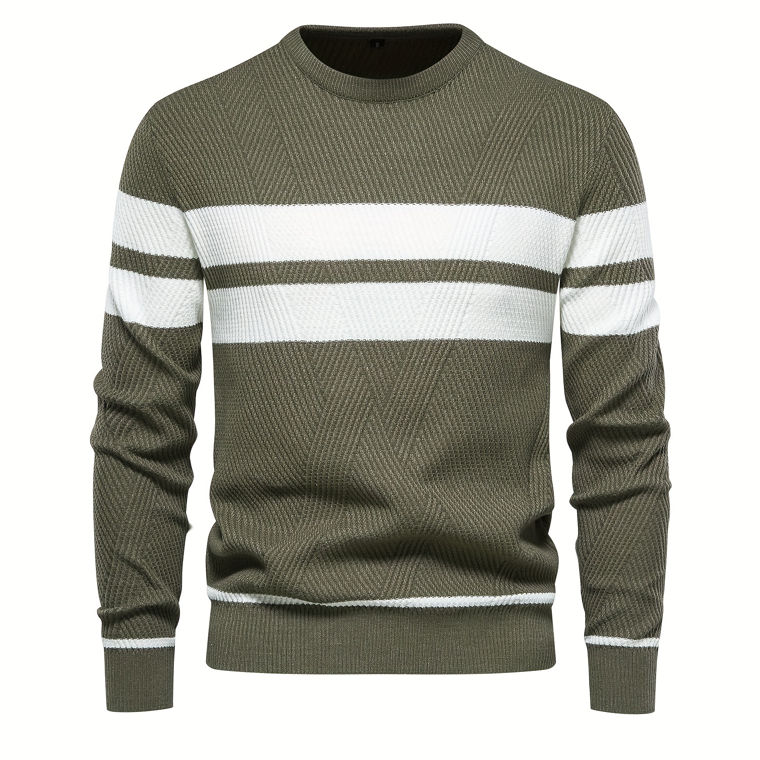 All Match Knitted Striped Pattern Sweater, Men's Casual Warm Slightly Stretch Crew Neck Pullover Sweater For Men Fall Winter