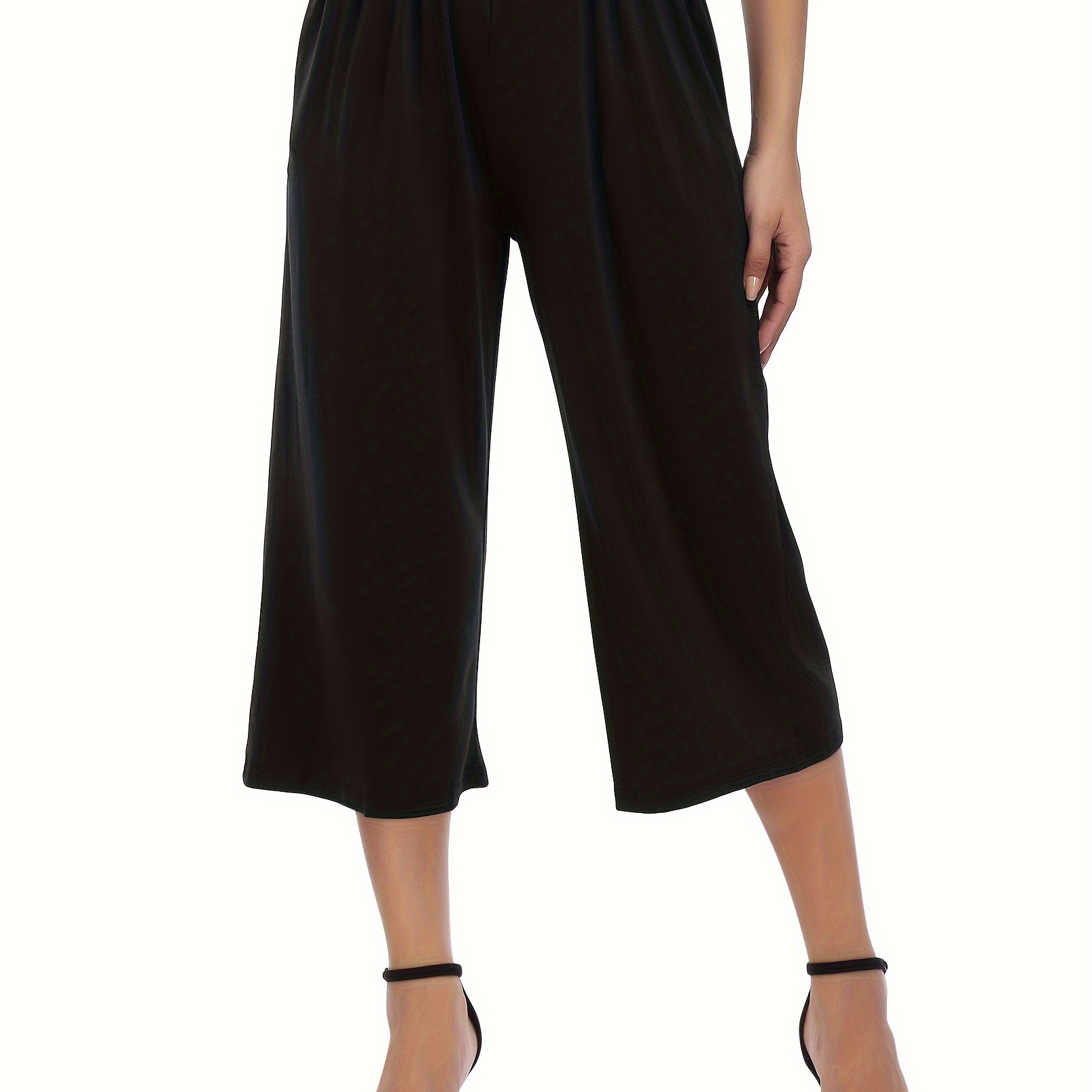 

Plus Size Solid Wide Leg Capri Pants, Casual Loose Elastic Waist Pants For Spring & Summer, Women's Plus Size Clothing