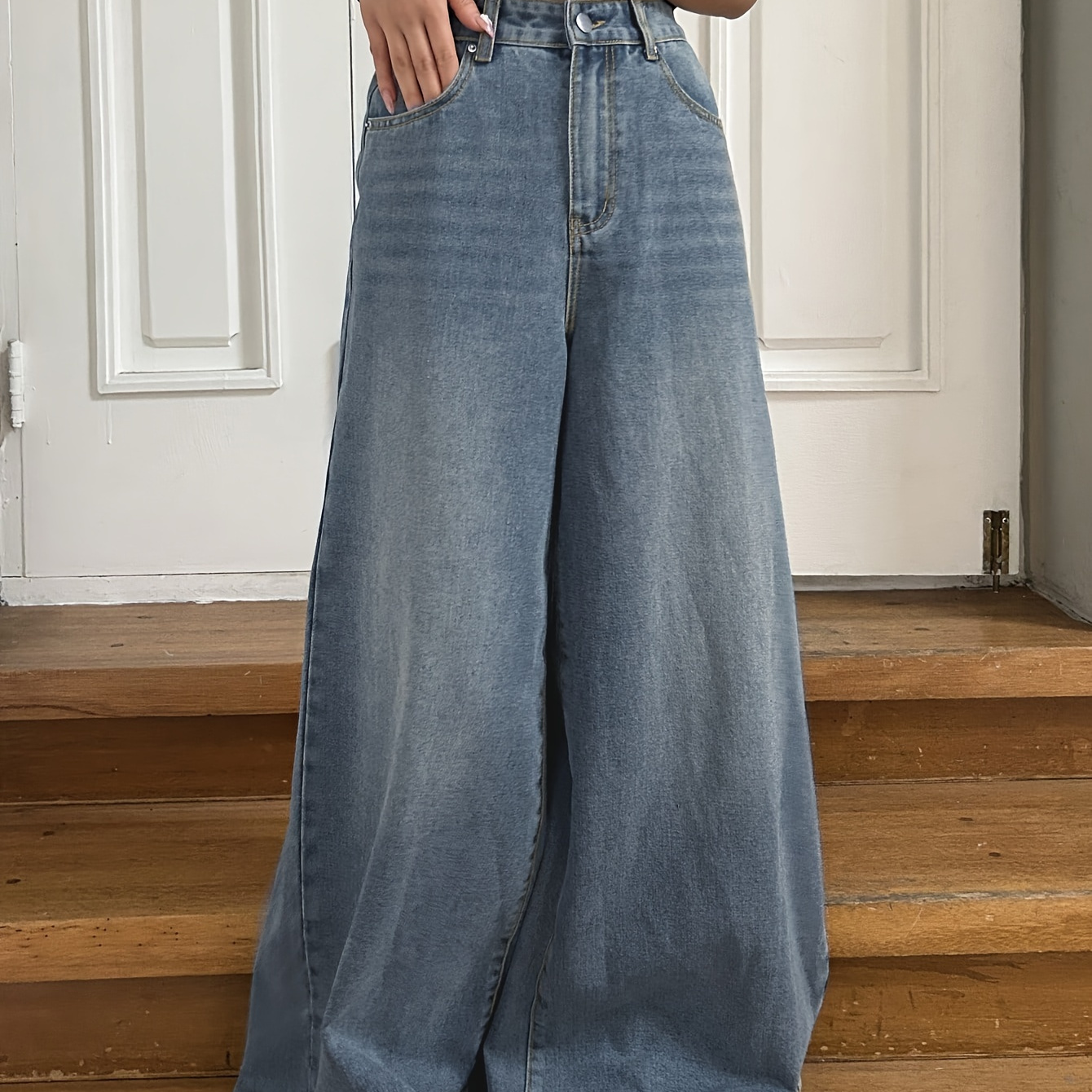 

High Waist Washed Wide Leg Floor-length Jeans, Loose Plicated Pattern Leisure Denim Pants, Women's Denim Jeans & Clothing For Fall & Winter