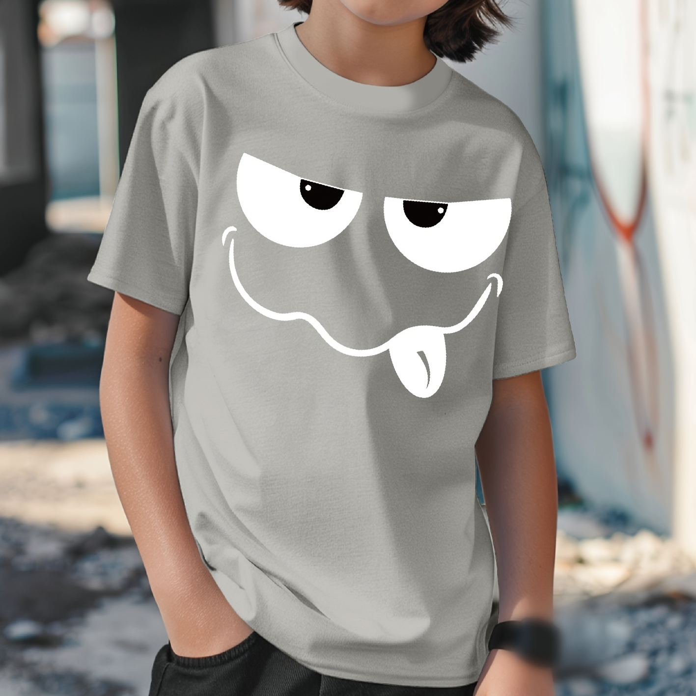 

Cute Cartoon Funny Face Print T-shirt- Engaging Visuals, Casual Short Sleeve T-shirts For Boys - Cool, Lightweight And Comfy Summer Clothes!