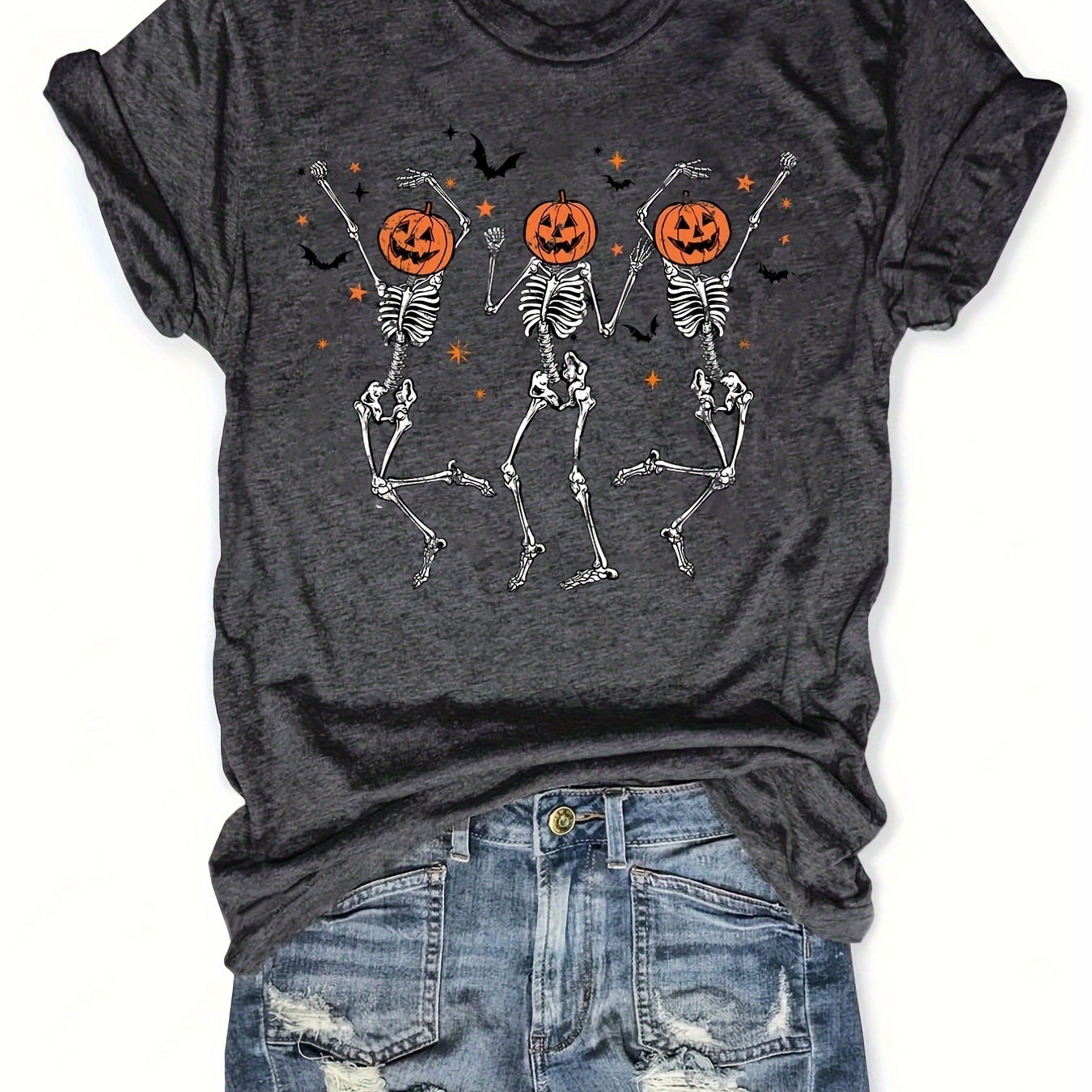 

Skeleton & Pumpkin Print Crew Neck T-shirt, Short Sleeve T-shirt For Spring & Summer, Women's Clothing